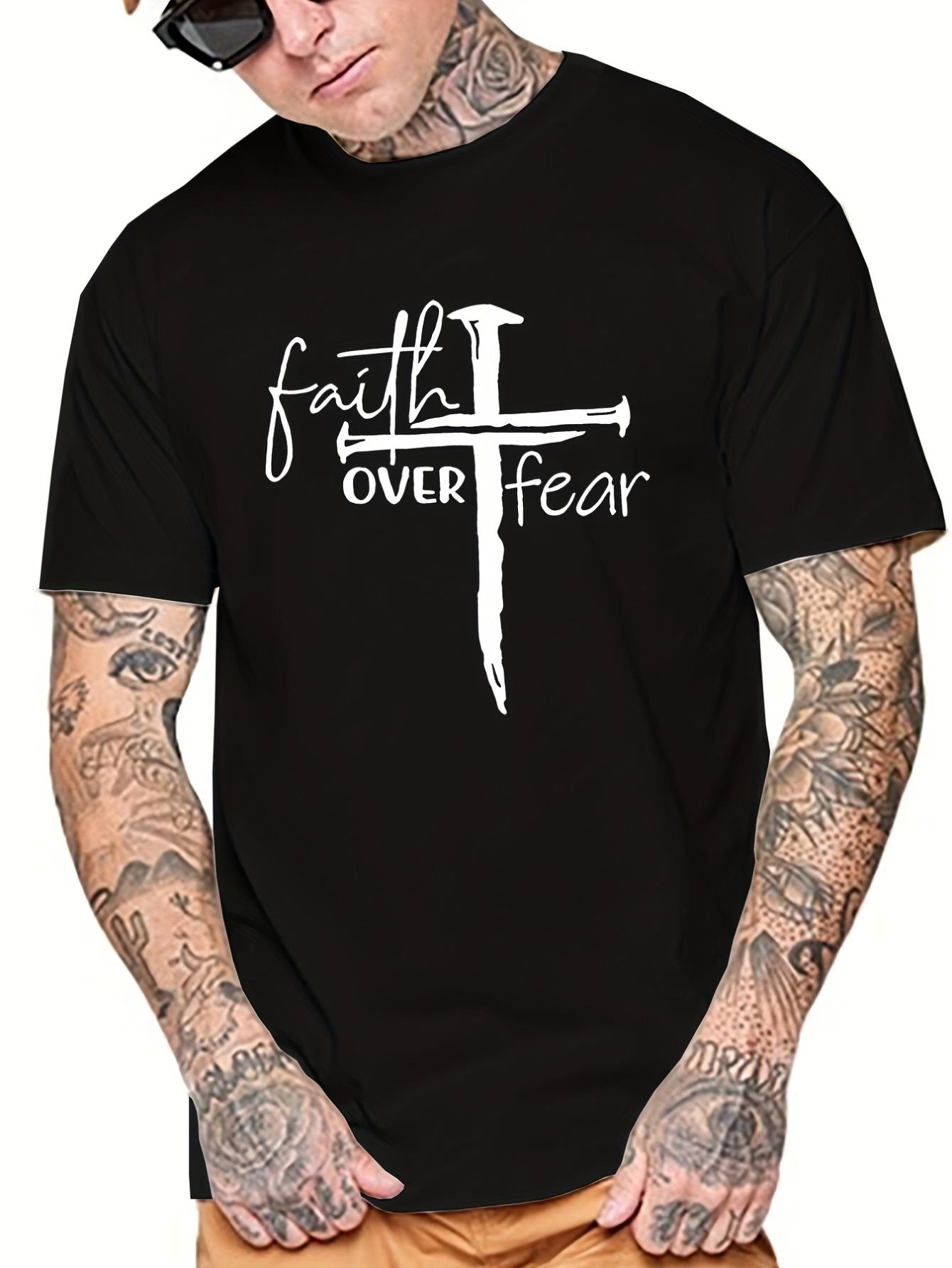 thumbnail image 1 of Tees For Men, 'Faith Over Fear' Cross Print T Shirt, Casual Short Sleeve Tshirt For Summer Spring Fall, Tops As Gifts, 1 of 7