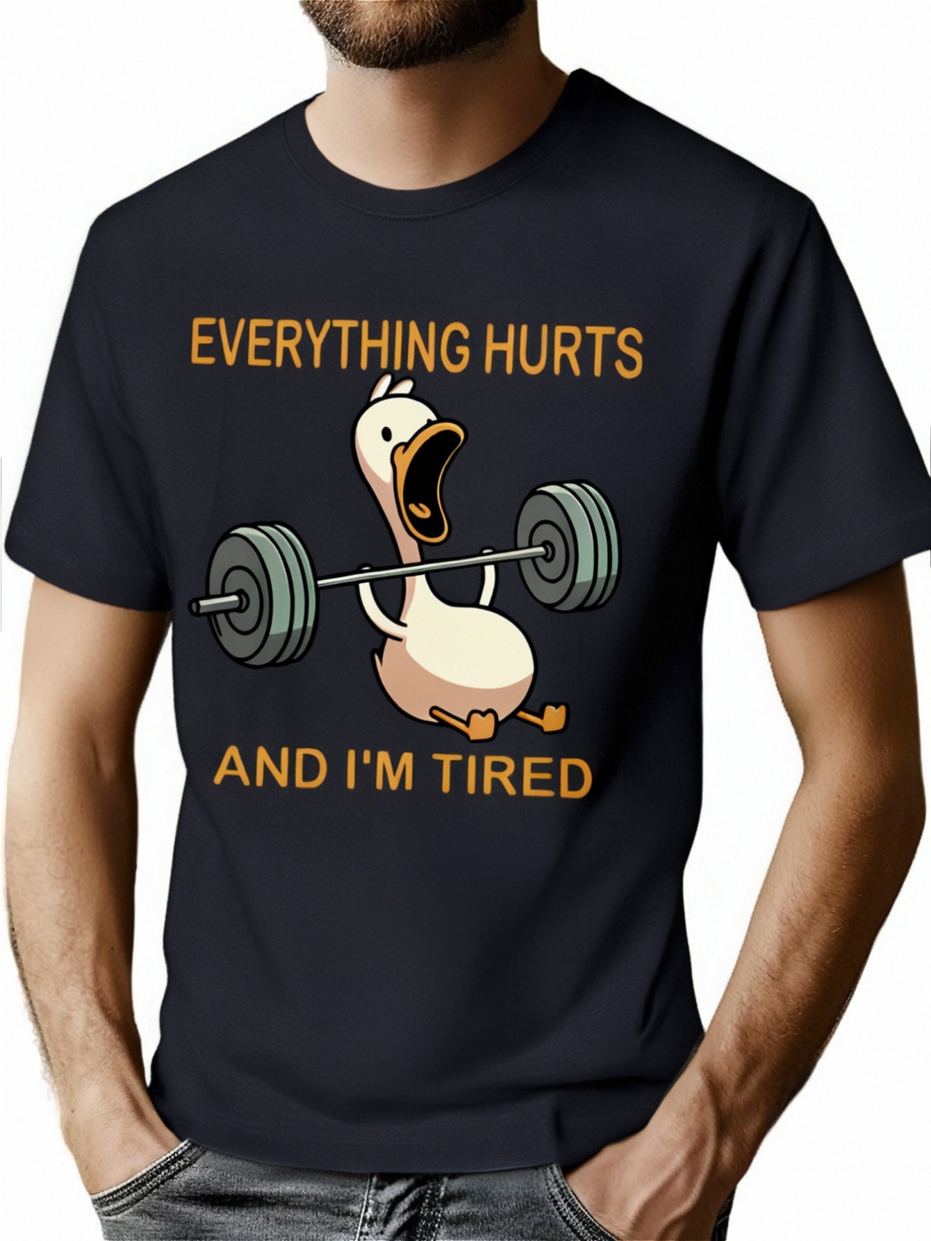 thumbnail image 1 of Summer Casual Crew Neck T-Shirt with Funny Weightlifting Duck Graphic Print - Knit Fabric with Slight Stretch, Breathable Patterned Tee for Adults, 1 of 8