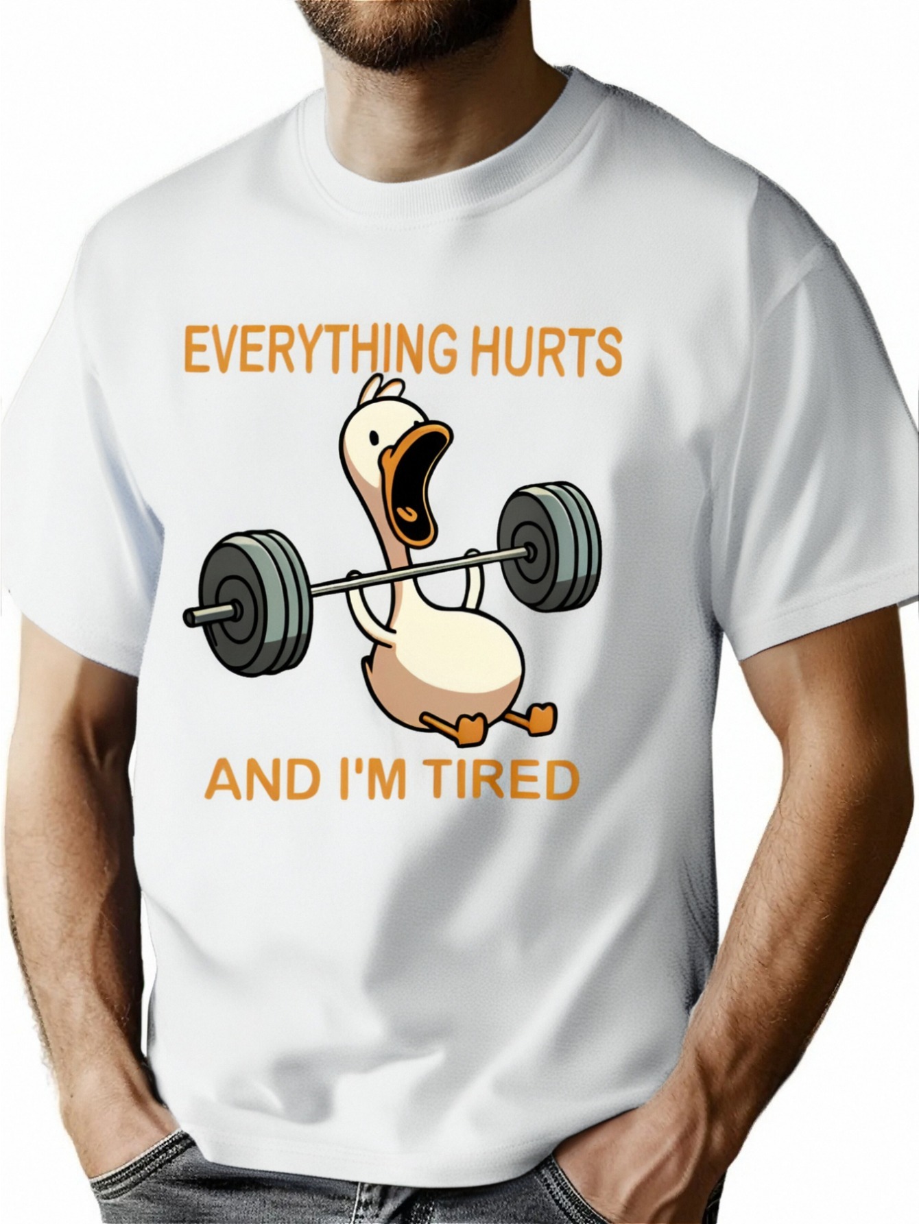Summer Casual Crew Neck T-Shirt with Funny Weightlifting Duck Graphic Print - Knit Fabric with Slight Stretch, Breathable Patterned Tee for Adults