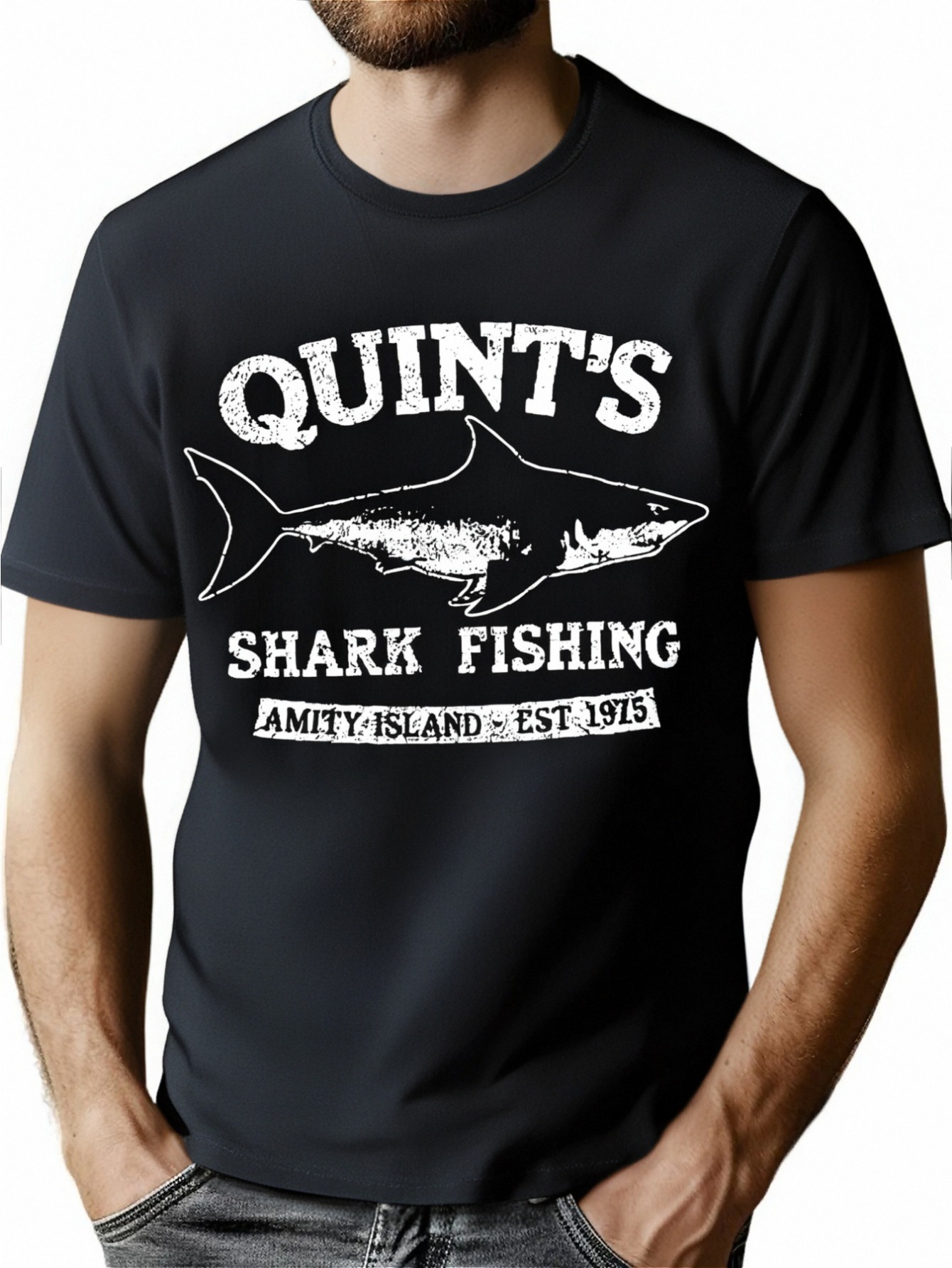 thumbnail image 1 of Quint's Shark Fishing Amity Island Est. 1971 Graphic T-Shirt, Knit Fabric, Casual Crew Neck Tee with Slight Stretch, Patterned Short Sleeve Shirt for Adults - Summer Wear, 1 of 8