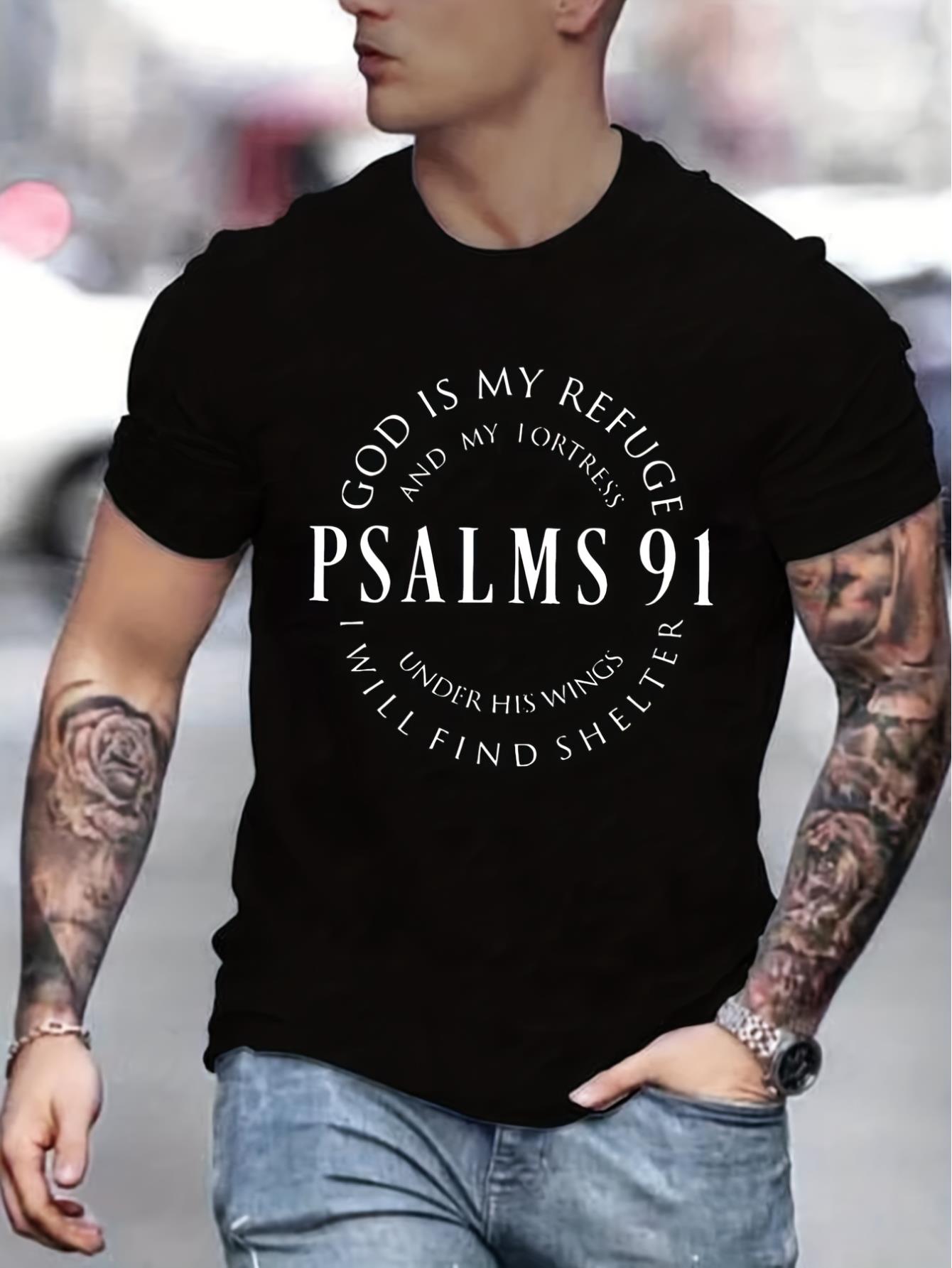 thumbnail image 1 of Men's Casual Crew Neck T-Shirt, Knit Fabric, Short Sleeve, Regular Fit, with Psalms 91 Print, for All-Season Top, 1 of 8