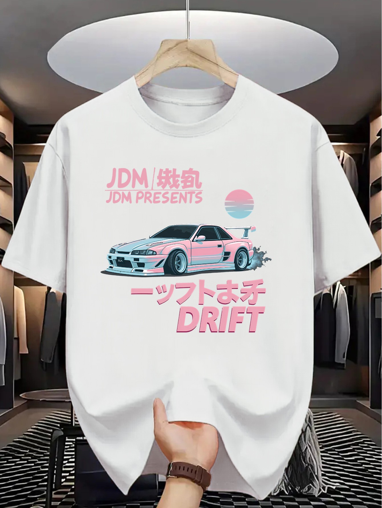 thumbnail image 3 of Summer Casual Crew Neck T-Shirt for Men, JDM Inspired Drift Car Print, Knit Fabric with Slight Stretch, Regular Fit, Short Sleeve Tee, 3 of 8