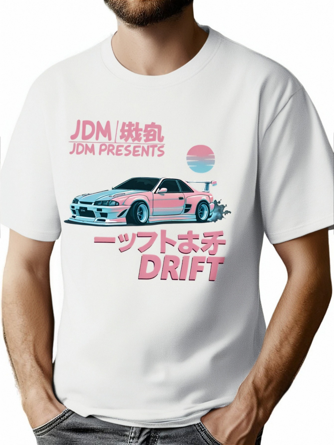 Summer Casual Crew Neck T-Shirt for Men, JDM Inspired Drift Car Print, Knit Fabric with Slight Stretch, Regular Fit, Short Sleeve Tee