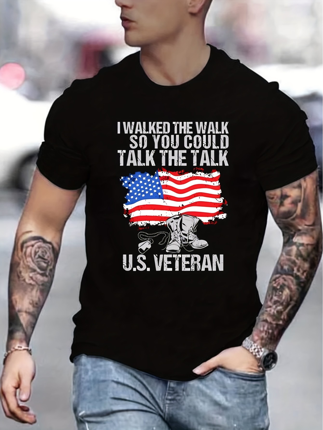thumbnail image 2 of Men's Patriotic U.S. Veteran Graphic T-Shirt - Round Neck, Non-Transparent with American Flag Design, Machine Washable for All Seasons, American Flag Clothes, 2 of 8