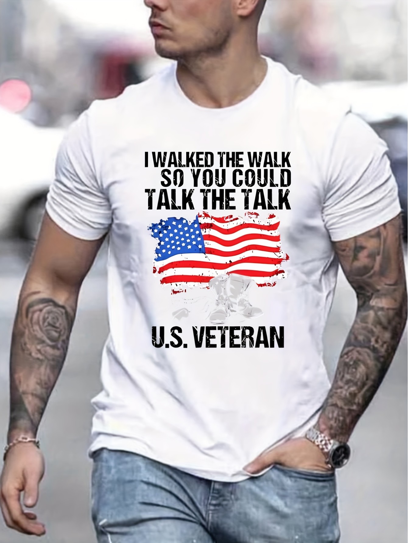 thumbnail image 1 of Men's Patriotic U.S. Veteran Graphic T-Shirt - Round Neck, Non-Transparent with American Flag Design, Machine Washable for All Seasons, American Flag Clothes, 1 of 8