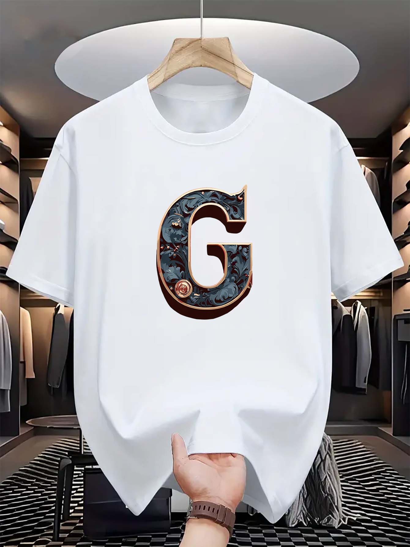 thumbnail image 2 of Men'S Casual Crew Neck T-Shirt with "G" Letter Print, Slight Stretch, Regular Fit, Summer Short Sleeve Top, Fashionable & Versatile, 2 of 7