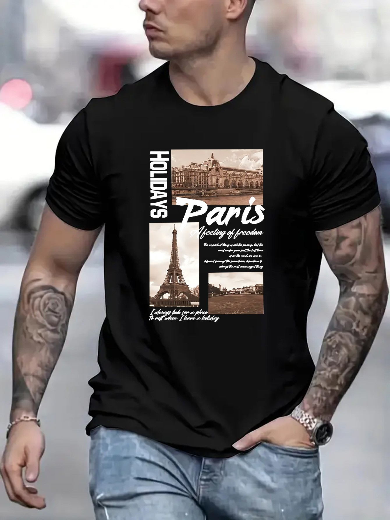 thumbnail image 1 of Feeling of Paris Print Men's T-shirts with Pattern Printing, Men's Novel Pattern Design T-shirts, Casual and Comfortable Summer T-shirts, 1 of 6