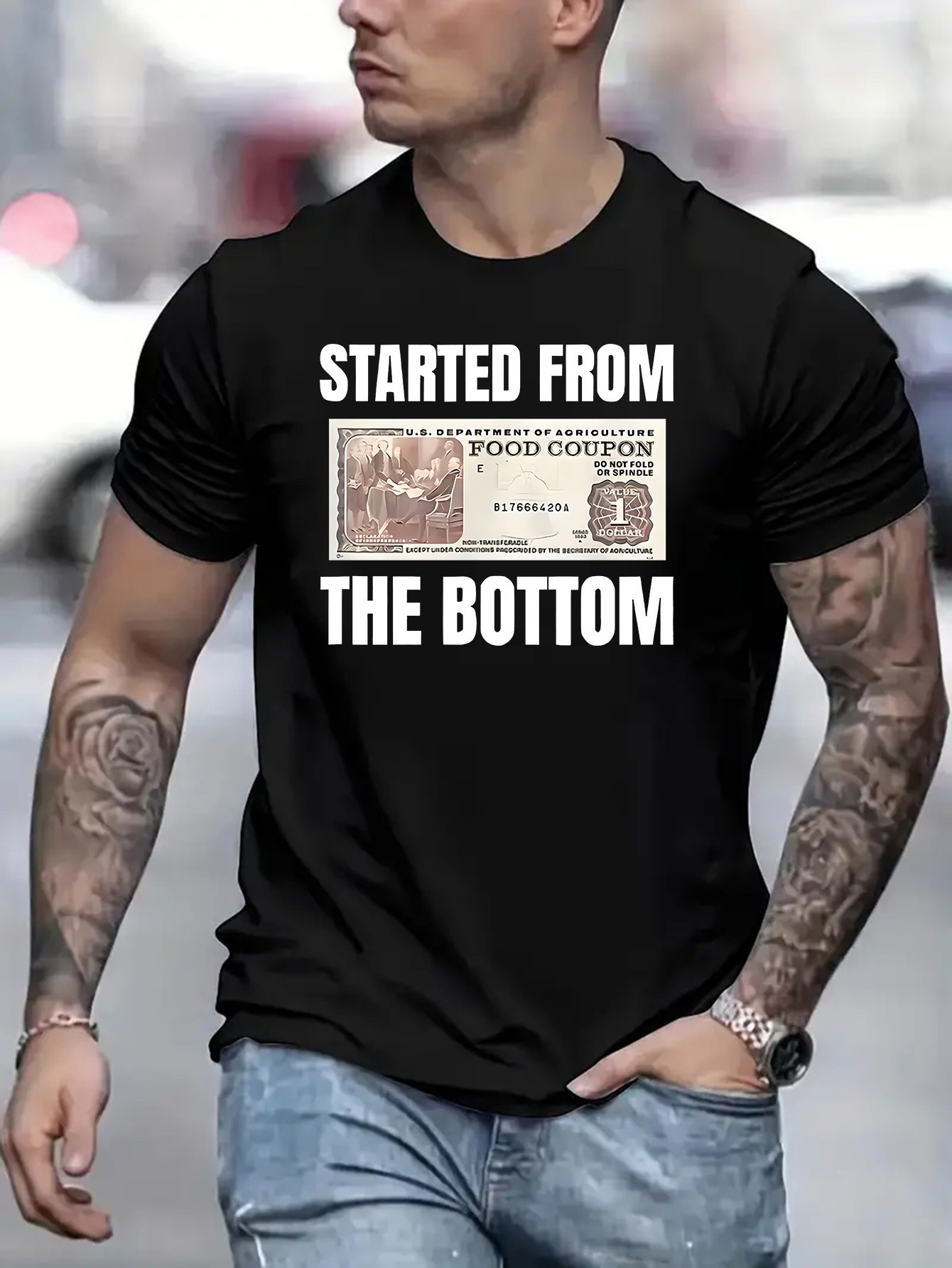 thumbnail image 1 of STARTED FROM THE BOTTOM Print T-Shirt, Tees For Men, Casual Short Sleeve T-shirt For Summer, 1 of 6