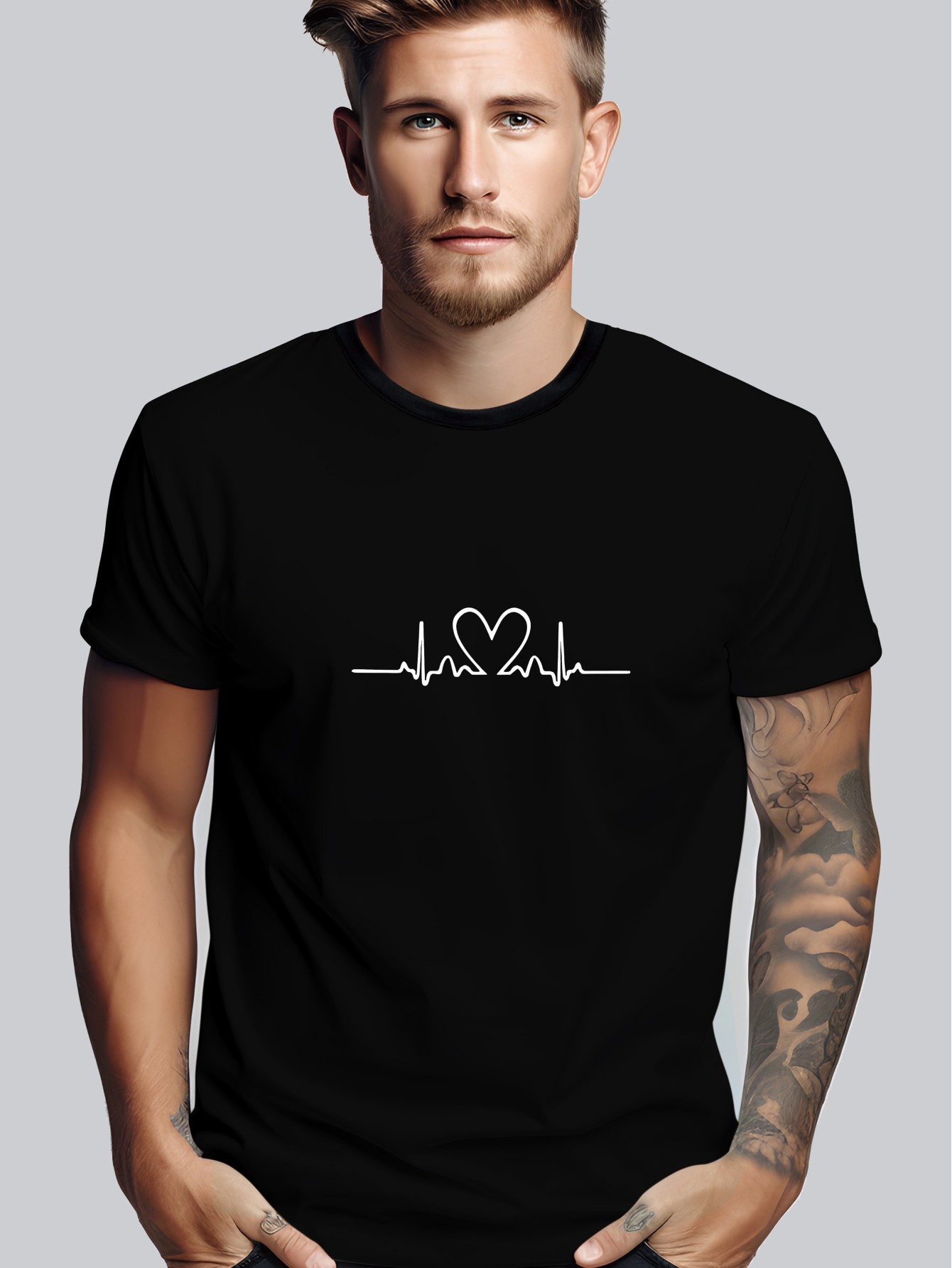 Love Pattern Print Men's Casual Crew Neck Short Sleeve T-shirt for Spring and Summer, Fashion Pattern Crew Neck Tees for Men