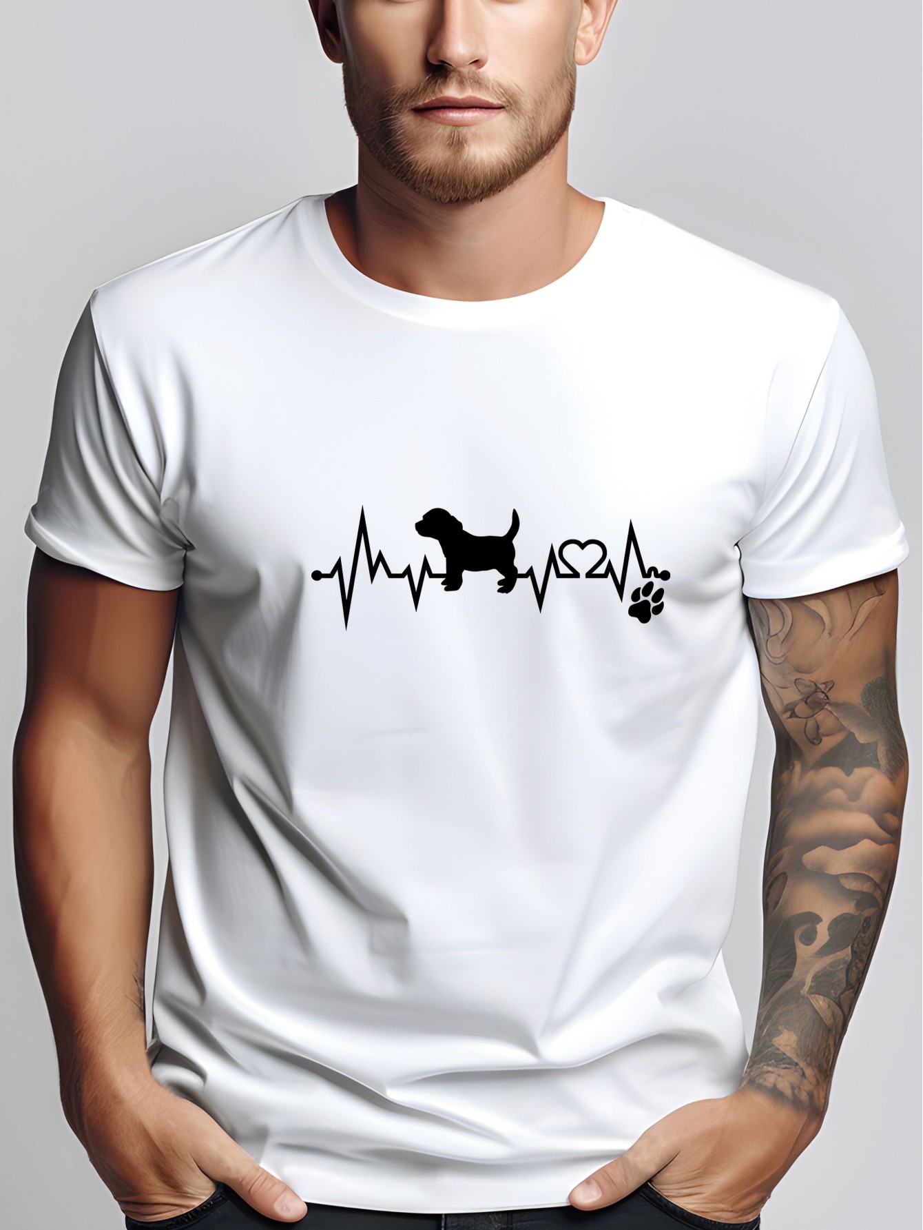 Men's Casual Fashion T-Shirt with Dog & Paw Print Heartbeat Design - Crew Neck, Short Sleeve, Machine Washable - Ideal for Casual Attire, Everyday Apparel|Crew Neck Shirt|Stretchy Fabric