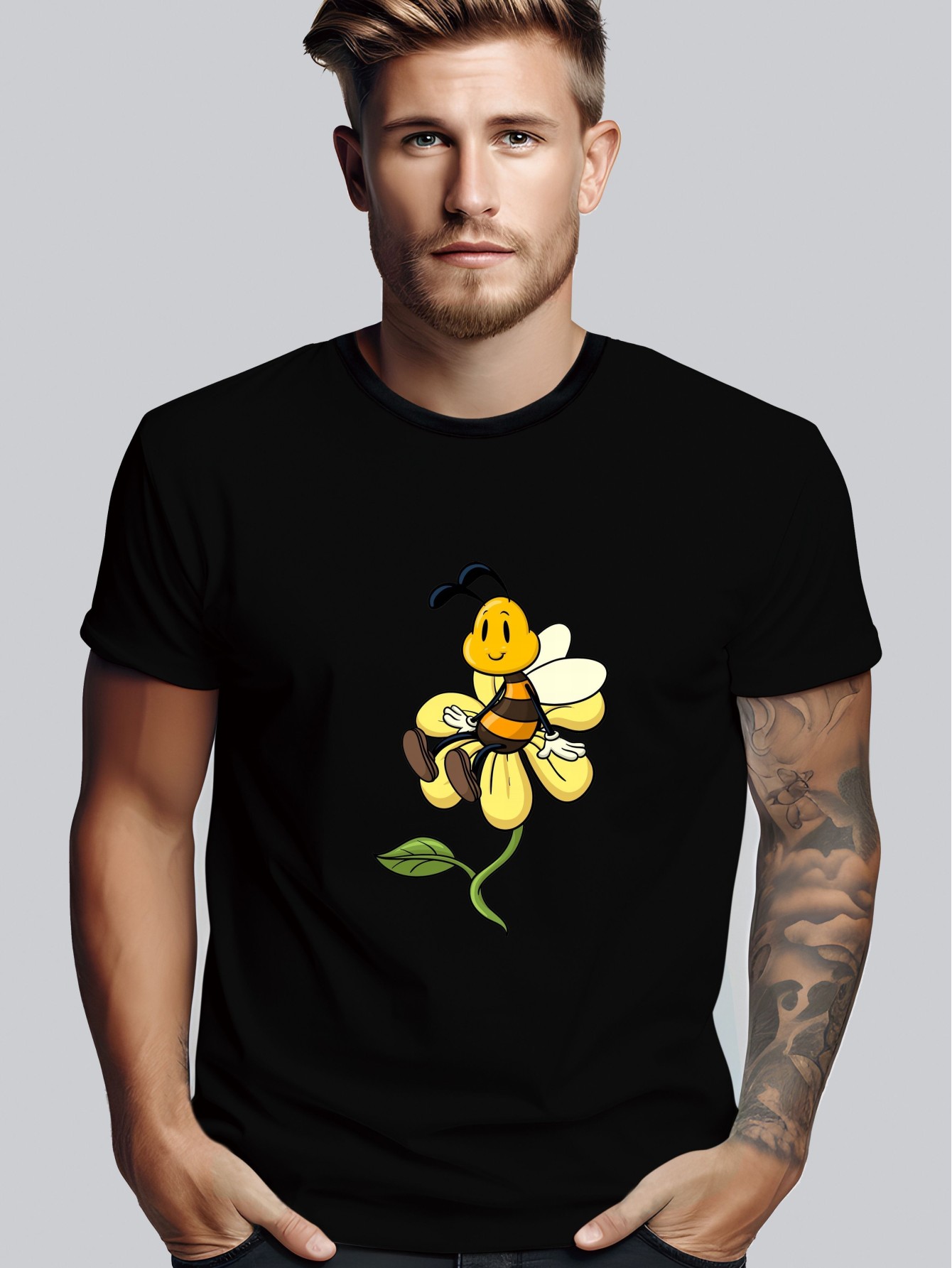 Men's Casual Fashion T-Shirt with Bee Print - Crew Neck, Short Sleeve, Stretch Fabric, Machine Washable