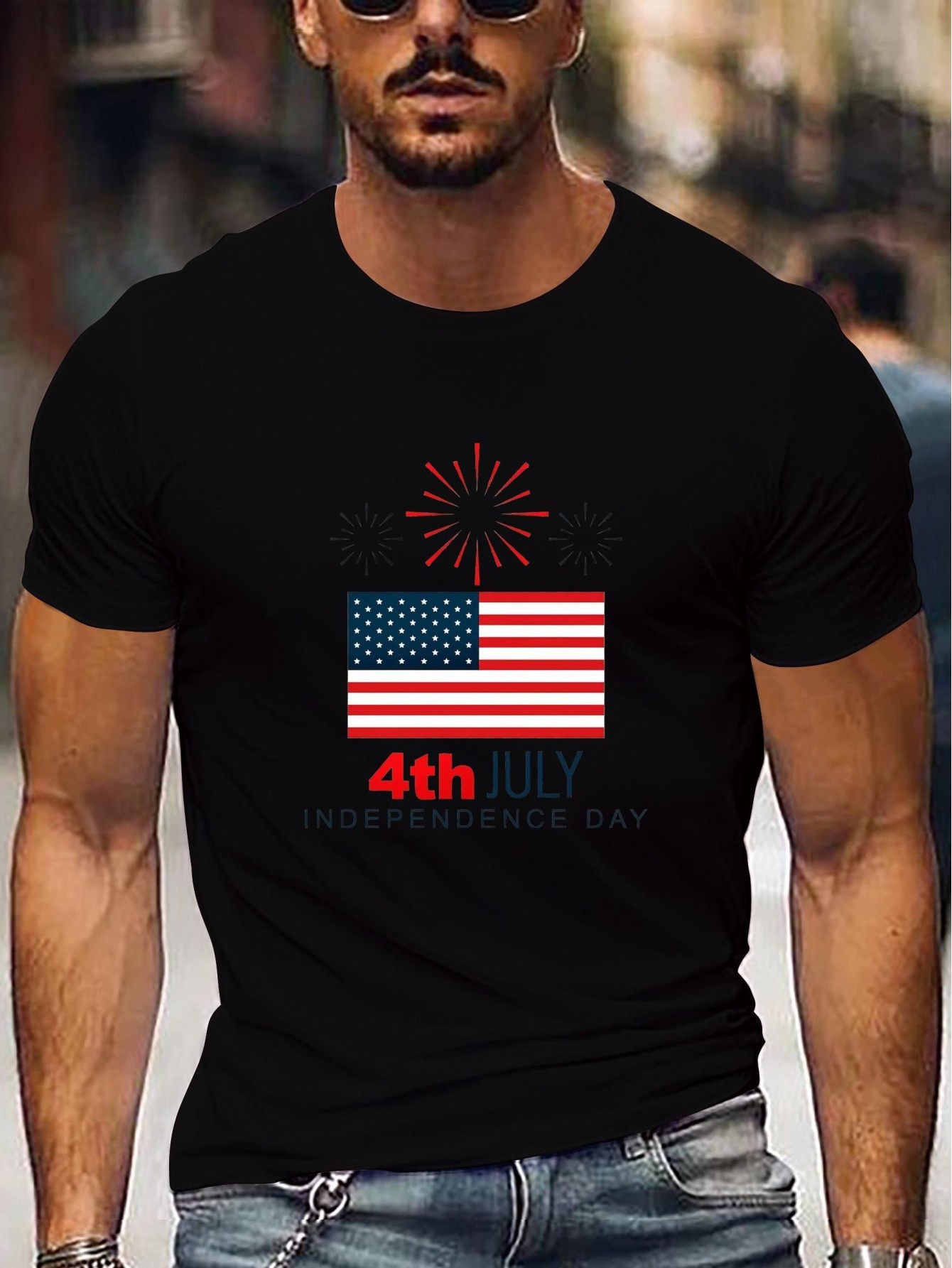 thumbnail image 1 of Men's Patriotic 4th of July T-Shirt - Casual Crew Neck, American Flag & Fireworks Print, Short Sleeve, Machine Washable, American Flag Clothes, 1 of 7