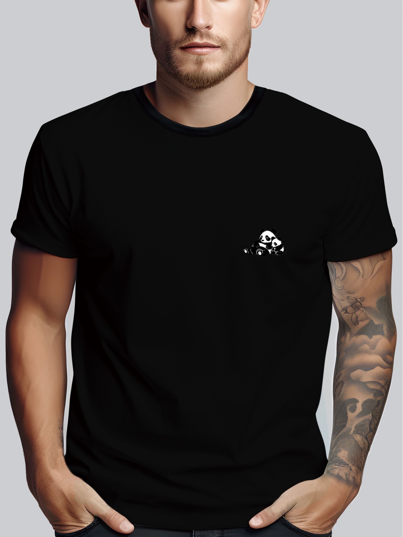 thumbnail image 1 of Men's Casual Sporty Green T-Shirt with White Panda Print - Soft Stretch Fabric, Crew Neck, Short Sleeve, Machine Washable - Perfect for Summer Leisure, 1 of 7