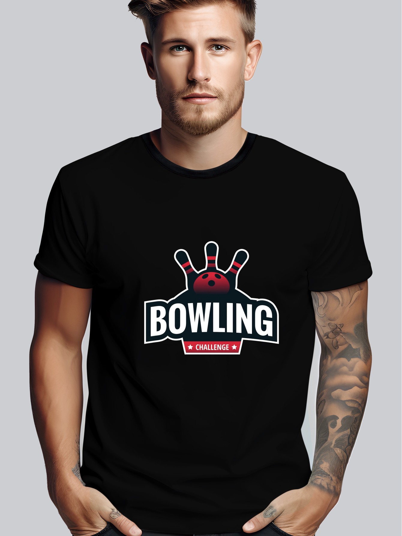 Men's Casual Bowling Graphic Tee - Crew Neck, Short Sleeve, Stretch Fabric, Machine Washable - Perfect for Summer Outings