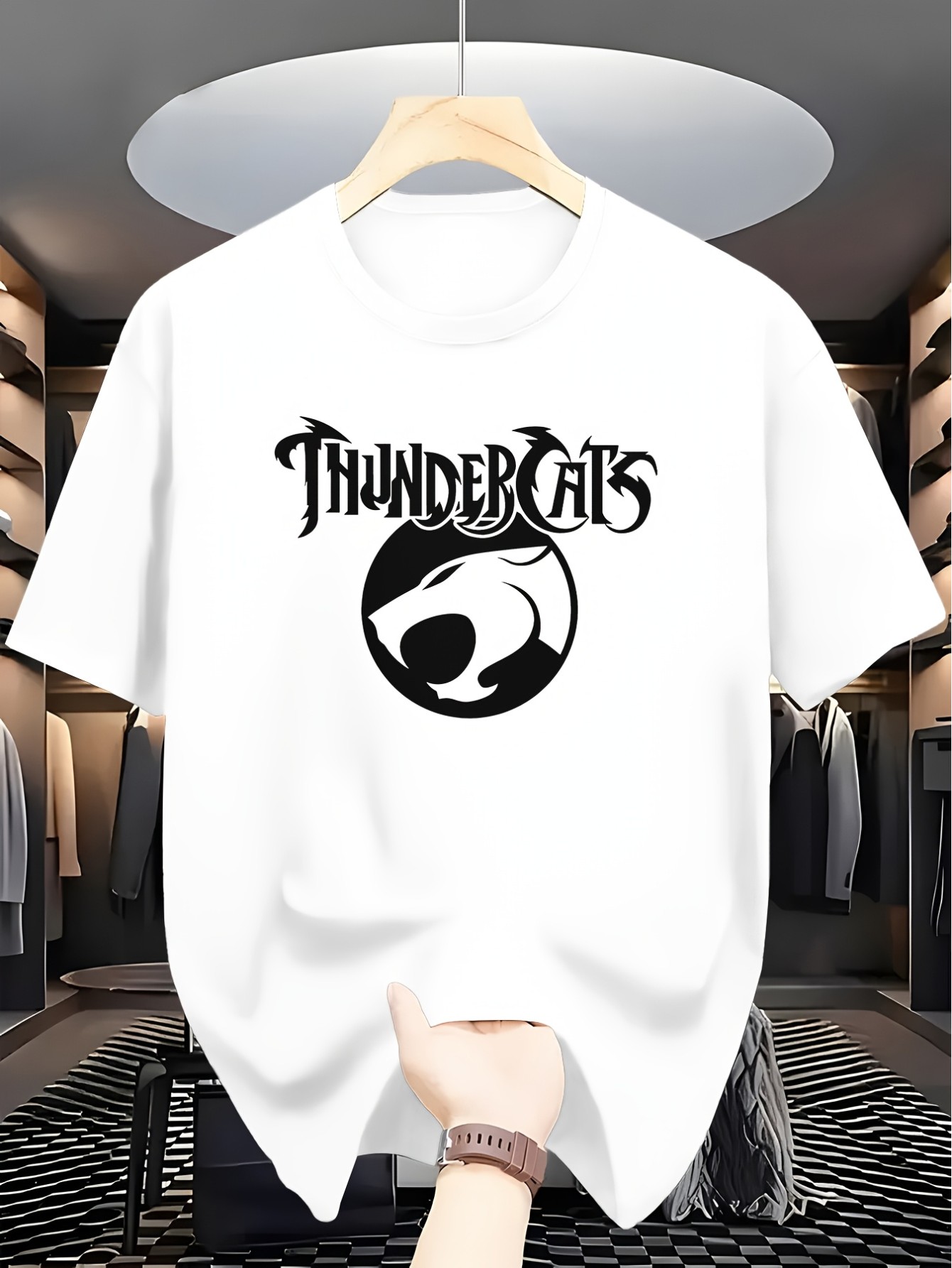 thumbnail image 2 of Men's Novelty Short Sleeve Casual Summer T-Shirt, Crew Neck with Geometric ThunderCats Pattern, Fashionable Knit Fabric Tee, 2 of 6