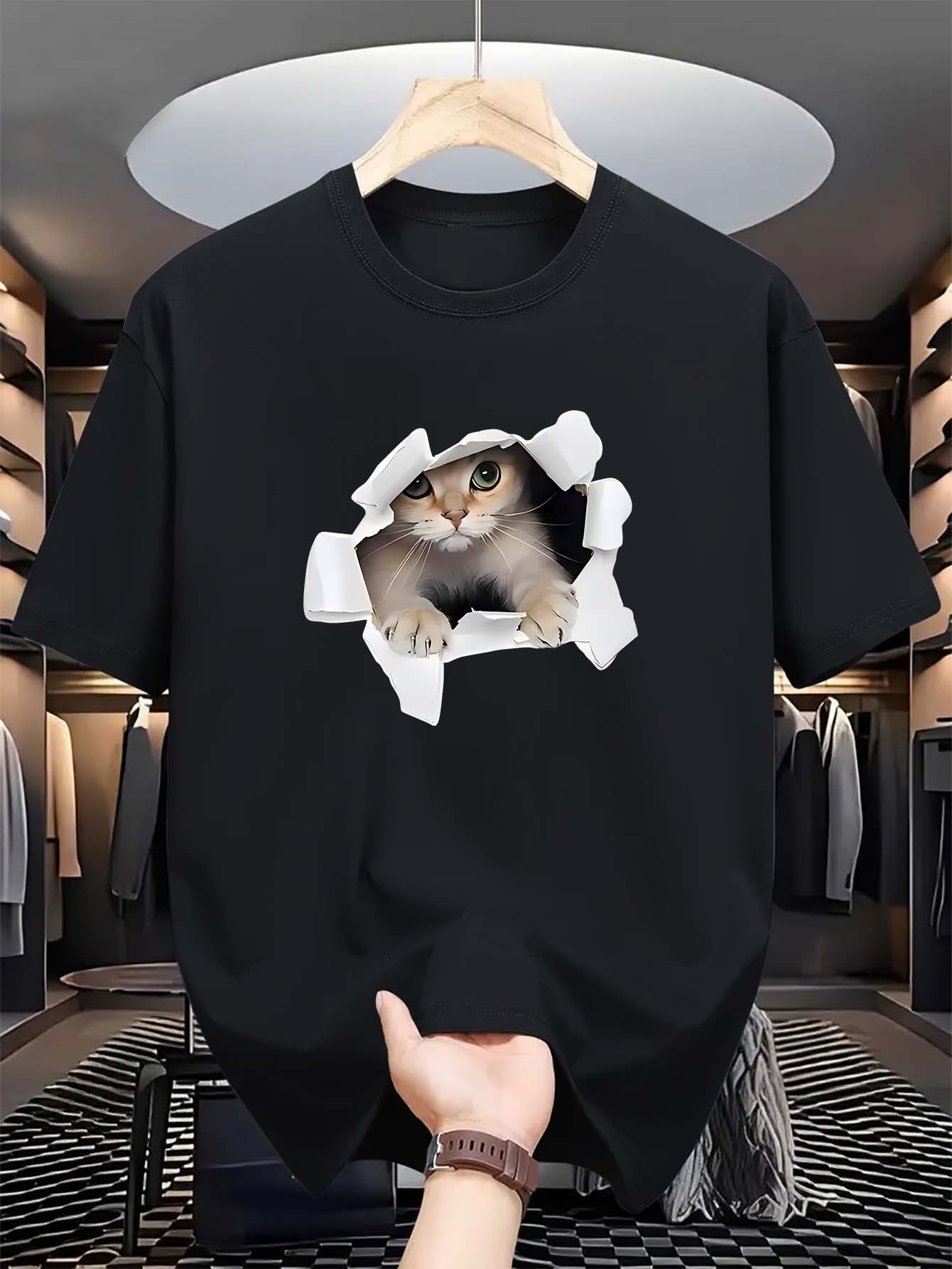 thumbnail image 2 of Men'S Summer Casual Crew Neck T-Shirt with Kitten Print, Slight Stretch, Regular Fit, Fashionable Short-Sleeved Top for Daily Wear, 2 of 6