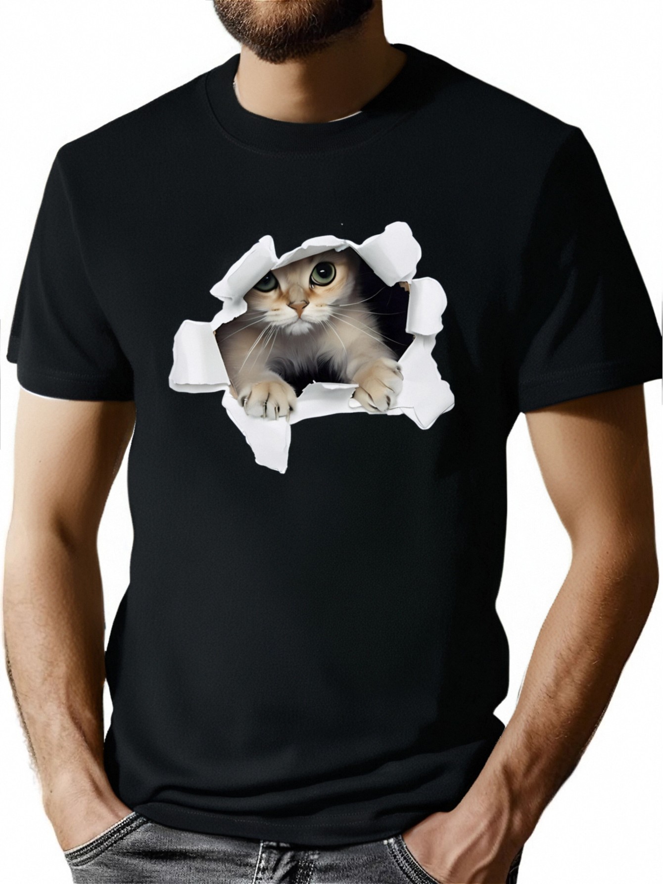 thumbnail image 1 of Men'S Summer Casual Crew Neck T-Shirt with Kitten Print, Slight Stretch, Regular Fit, Fashionable Short-Sleeved Top for Daily Wear, 1 of 6