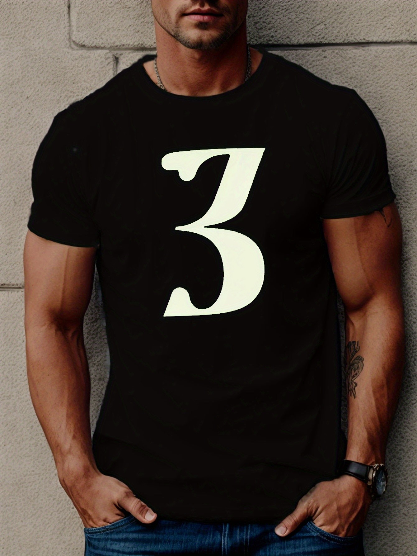 thumbnail image 1 of Men's Casual Geometric "3" Print T-Shirt - Short Sleeve, Round Neck, 100% Beige for All Seasons, 1 of 8