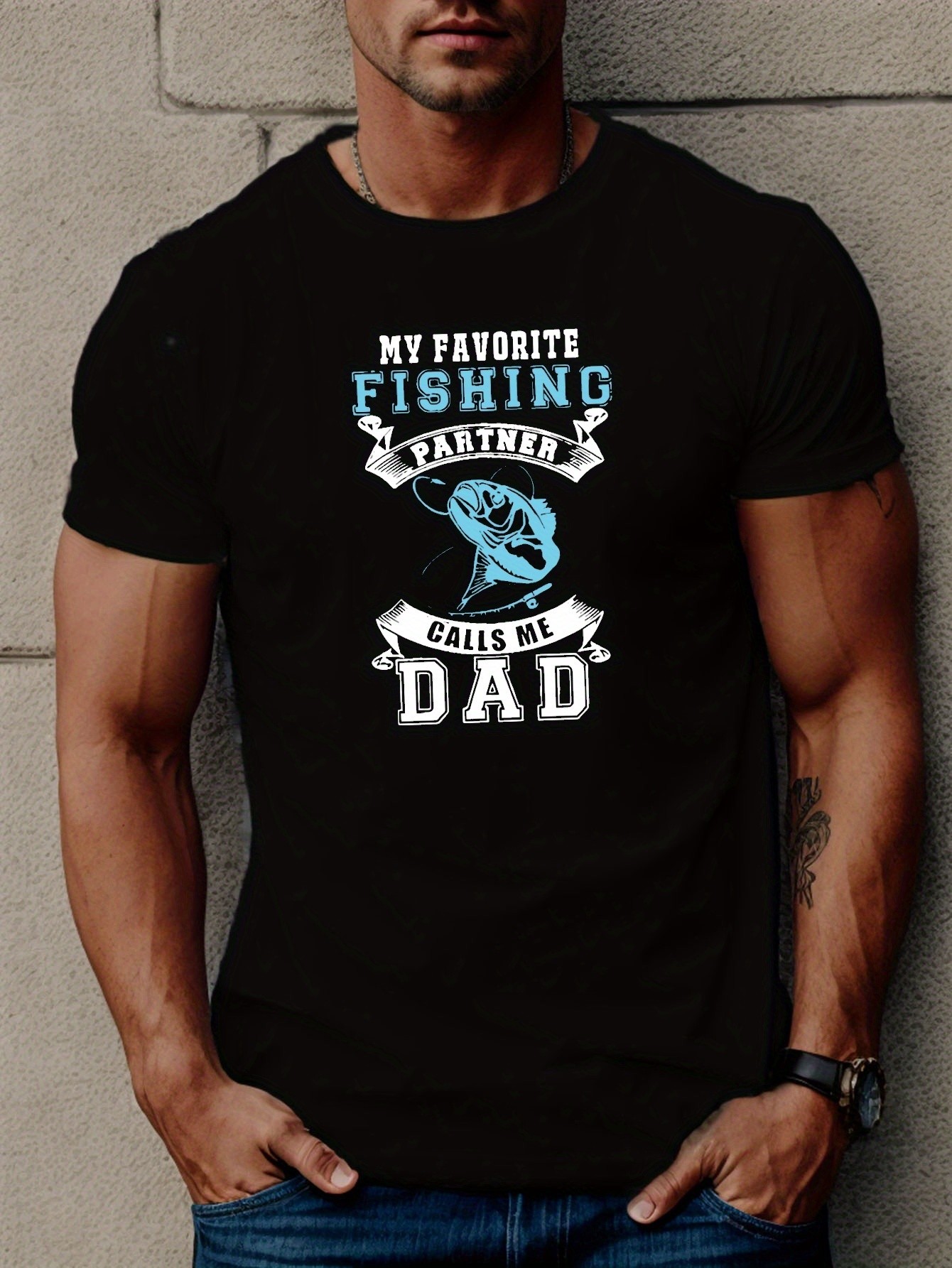 thumbnail image 1 of 'My Favorite Fishing Partner Calls Me Daddy'' Pattern Print Men's Short Sleeve Comfy T-shirt, Graphic Tee Men's Summer Clothes, 1 of 6