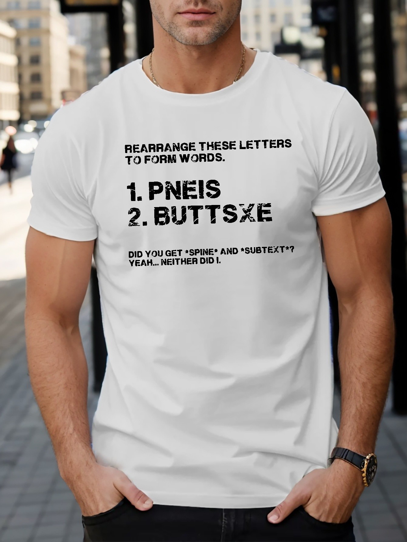 thumbnail image 1 of Men's Casual Crew Neck T-Shirt, Geometric Pattern, Regular Fit, with Rearrange These Letters to Form Words Print, for All-Season Top, 1 of 5