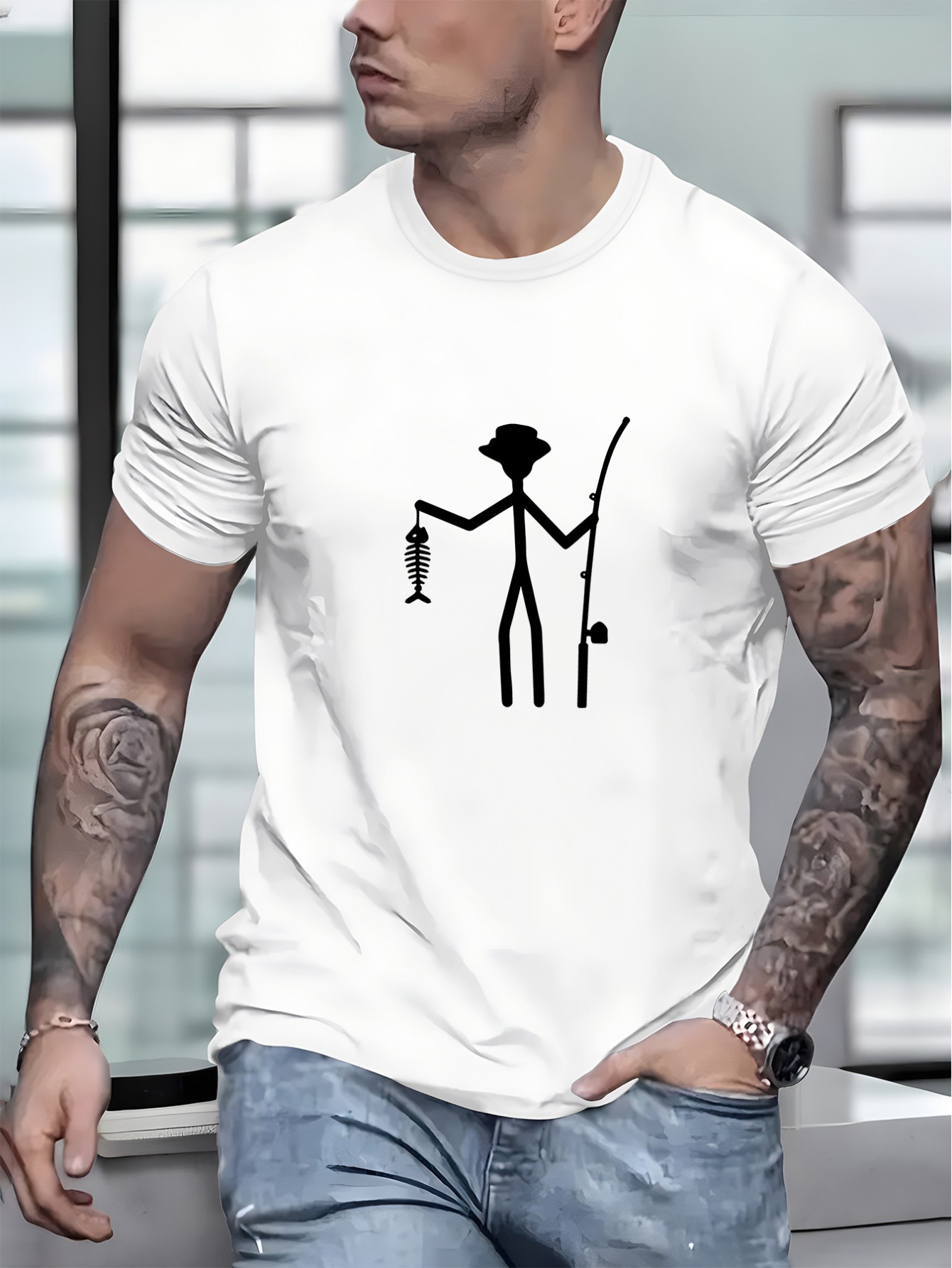 thumbnail image 1 of Fishing Print, Men's Round Crew Neck Short Sleeve, Simple Style Tee Fashion Regular Fit T-Shirt, 1 of 2
