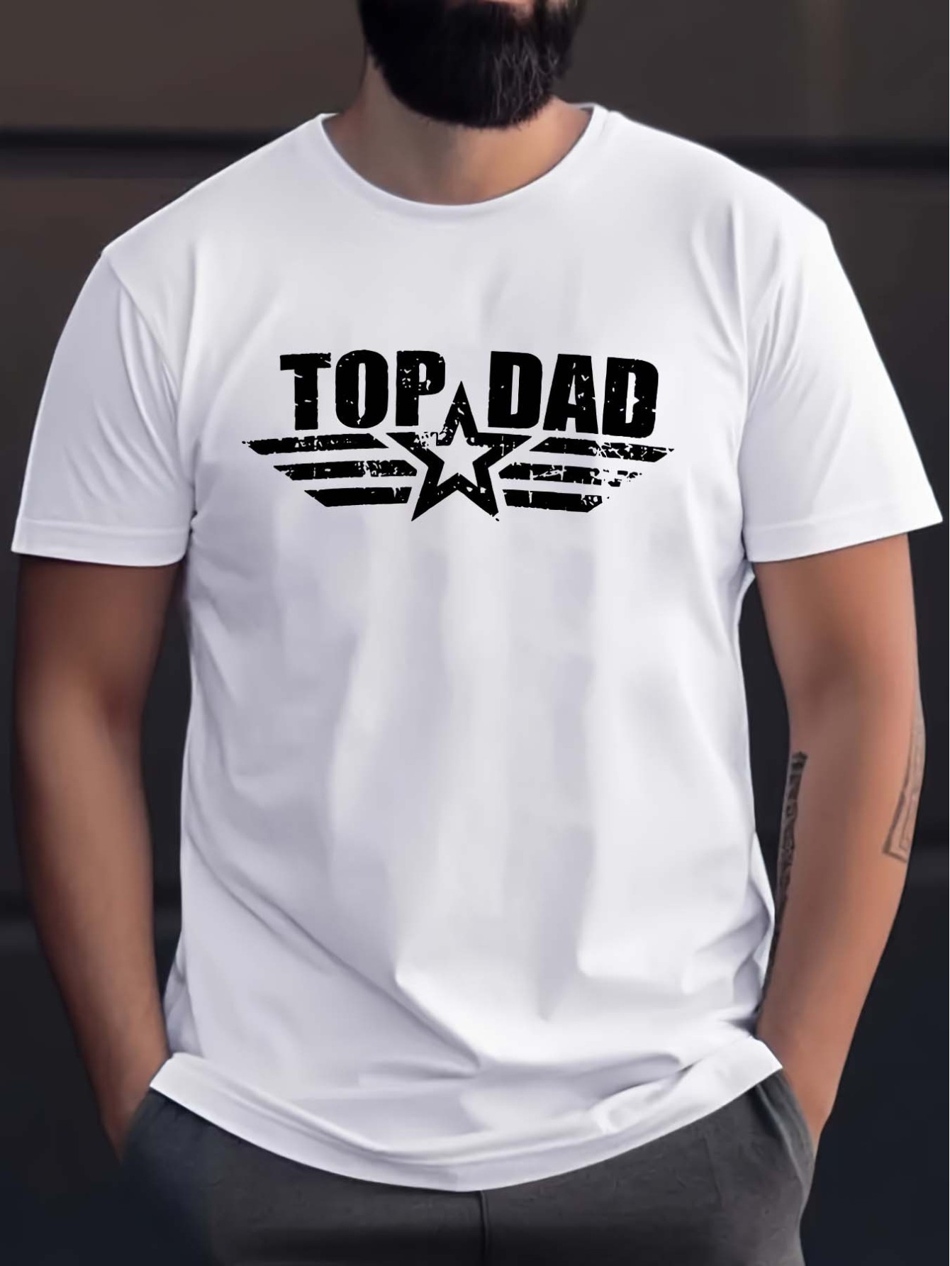 thumbnail image 1 of TOP DAD With Star Lines Print Men's Regular Fit T-shirt, Breathable Chic Round Neck Tee, Comfortable Meticulously Crafted Tops For Workout, 1 of 3