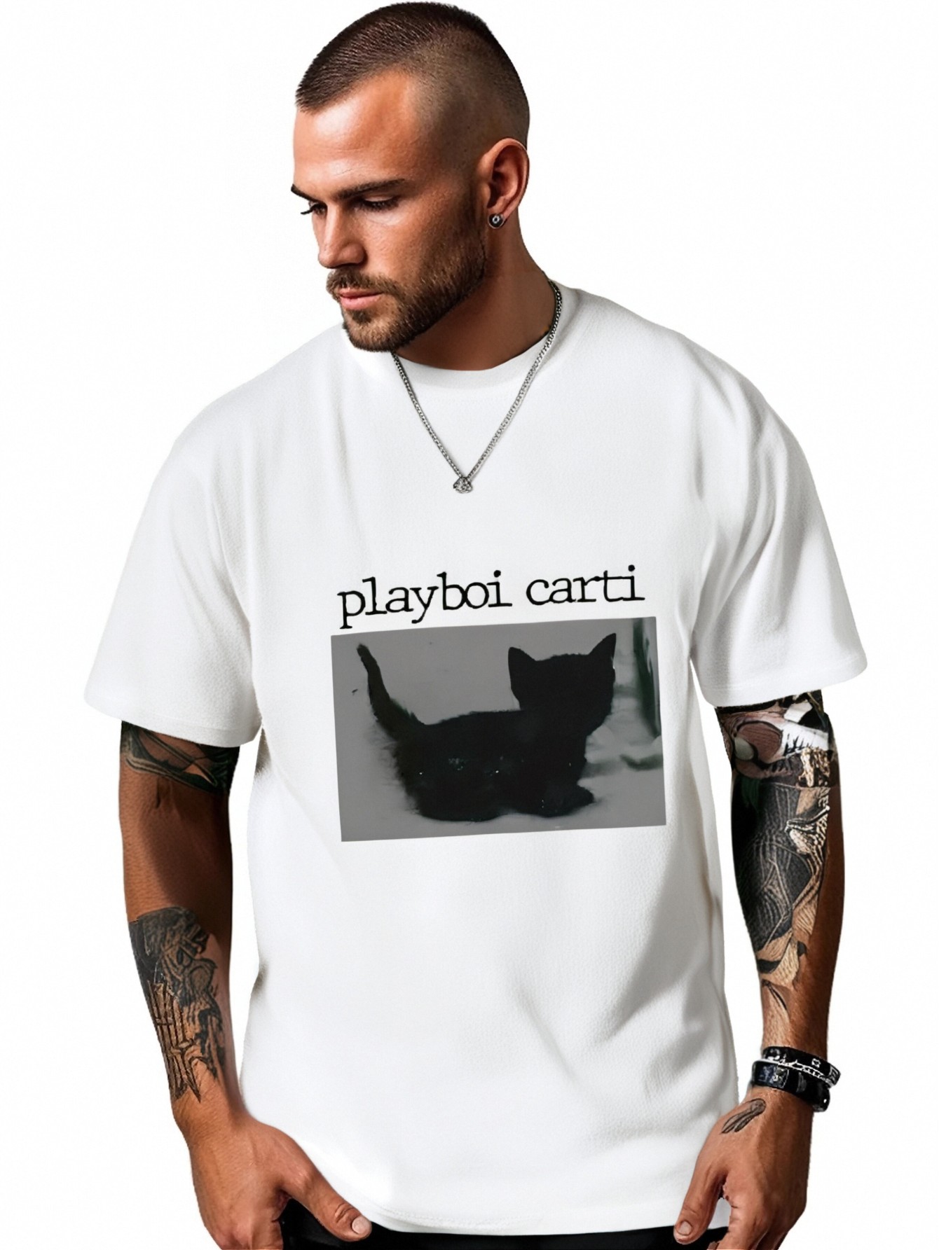 thumbnail image 1 of Hip-Hop T Shirts Cute Cat Harajuku Print Tee Regular Mens Tops Quality Rapper T-shirt, 1 of 4