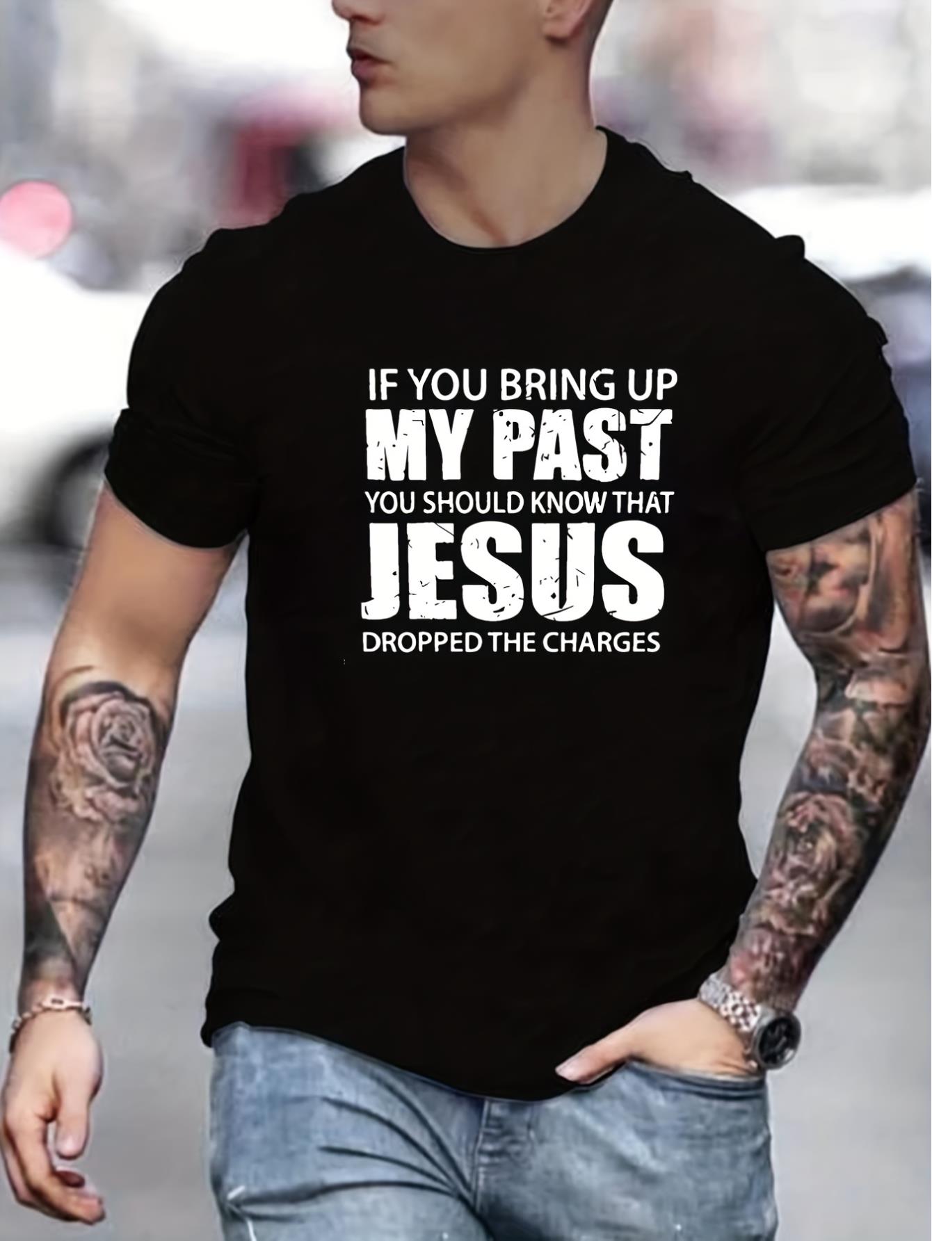 Christian Slogan Pattern Print Men's Comfy Slightly Stretch T-shirt, Graphic Tee Men's Summer Clothes, Men's Outfits