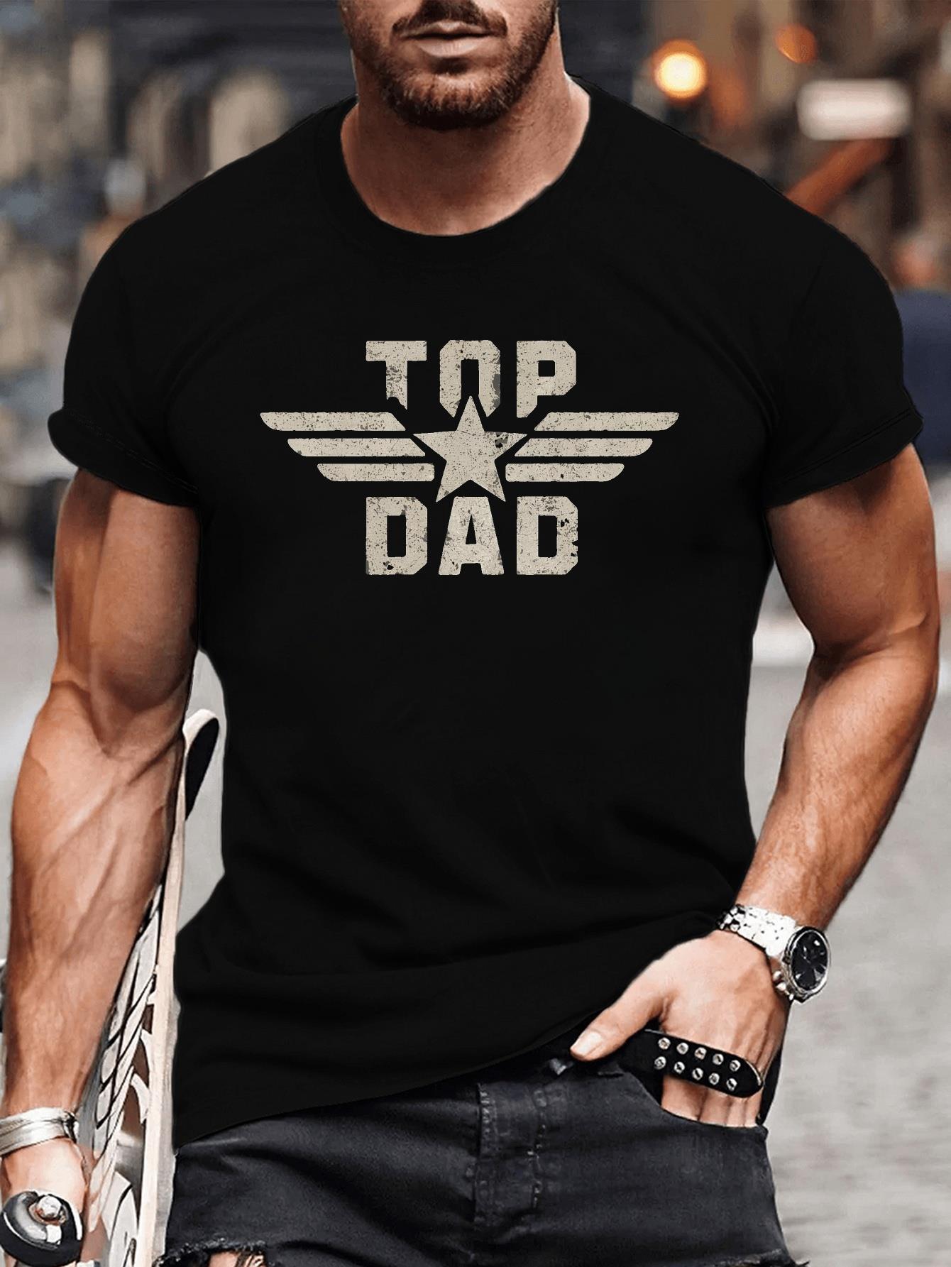 thumbnail image 1 of Star Graphic "TOP DAD" Letter Print Men's Crew Neck Short Sleeve Tees, Trendy T-shirt, Casual Comfortable Versatile Top For Summer, 1 of 5