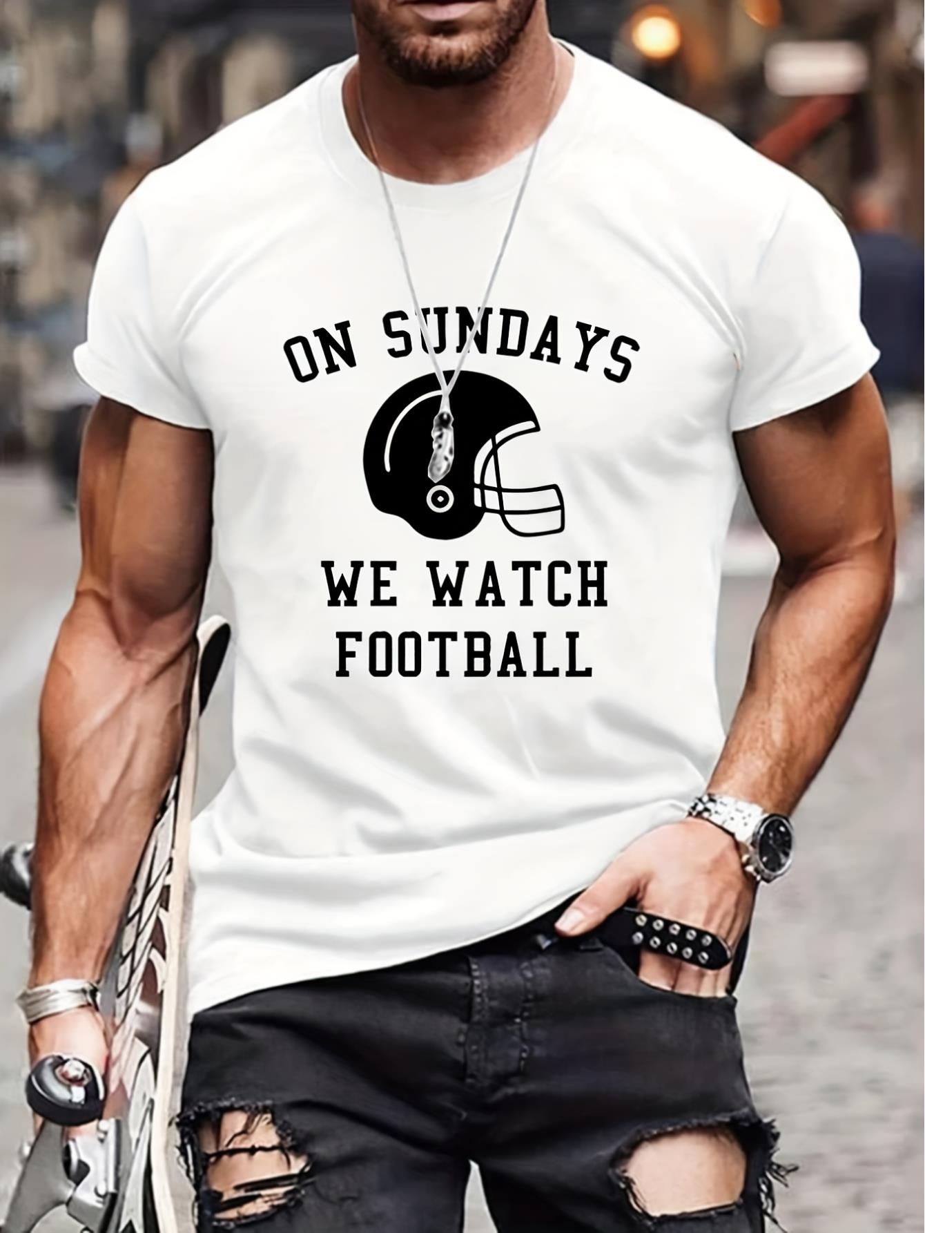 Slogan & Football Helmet Pattern Print Men's T-shirt, Graphic Tee Men's Summer Clothes, Men's Outfits