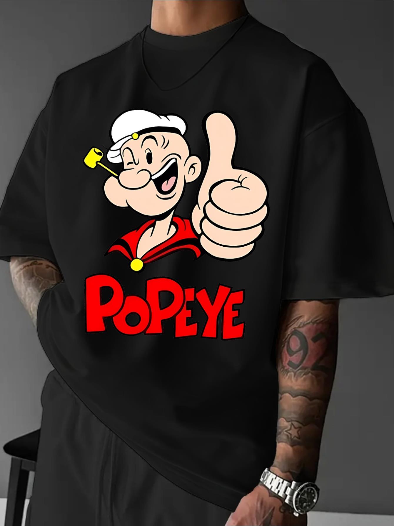 100% Cotton Men's Popeye Graphic T-Shirt - Casual Crew Neck, Slight Stretch, All-Season Knit Fabric, Regular Fit, for Adults