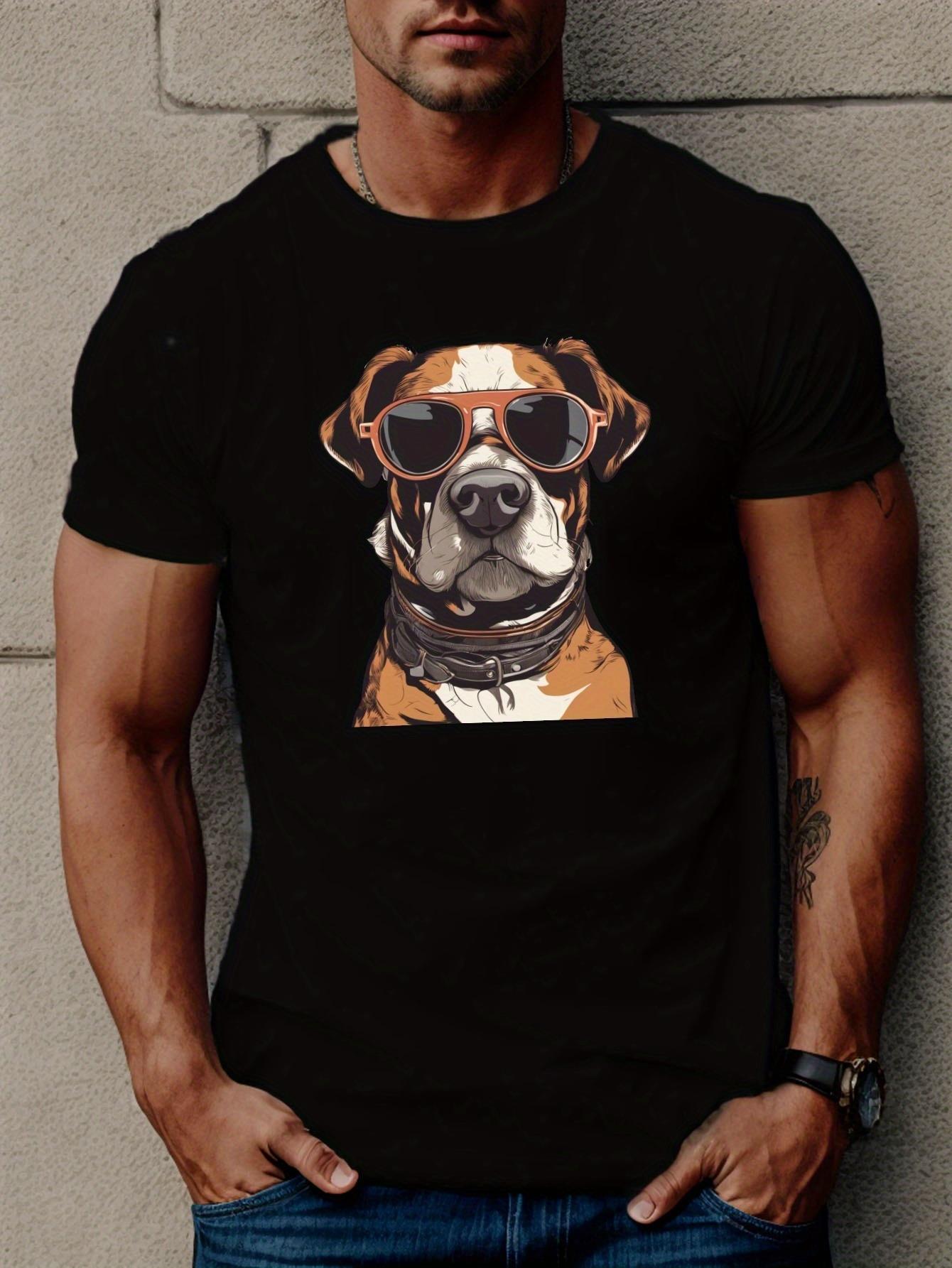 Dog With Glasses Print T Shirt, Tees For Men, Casual Short Sleeve T-shirt For Summer