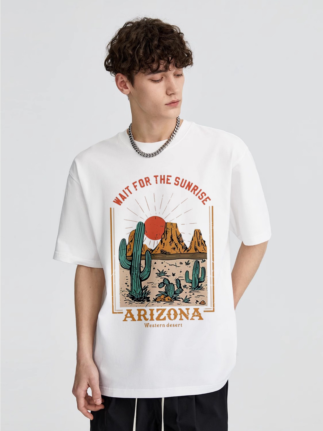 thumbnail image 1 of Men'S Casual Crew Neck T-Shirt, Polyester Knit Fabric with Slight Stretch, Regular Fit, with Arizona Desert Oasis Graphic Print, for Summer Tee, 1 of 6