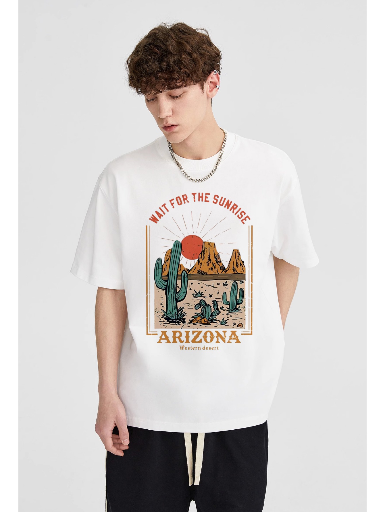 thumbnail image 5 of Men'S Casual Crew Neck T-Shirt, Polyester Knit Fabric with Slight Stretch, Regular Fit, with Arizona Desert Oasis Graphic Print, for Summer Tee, 5 of 6