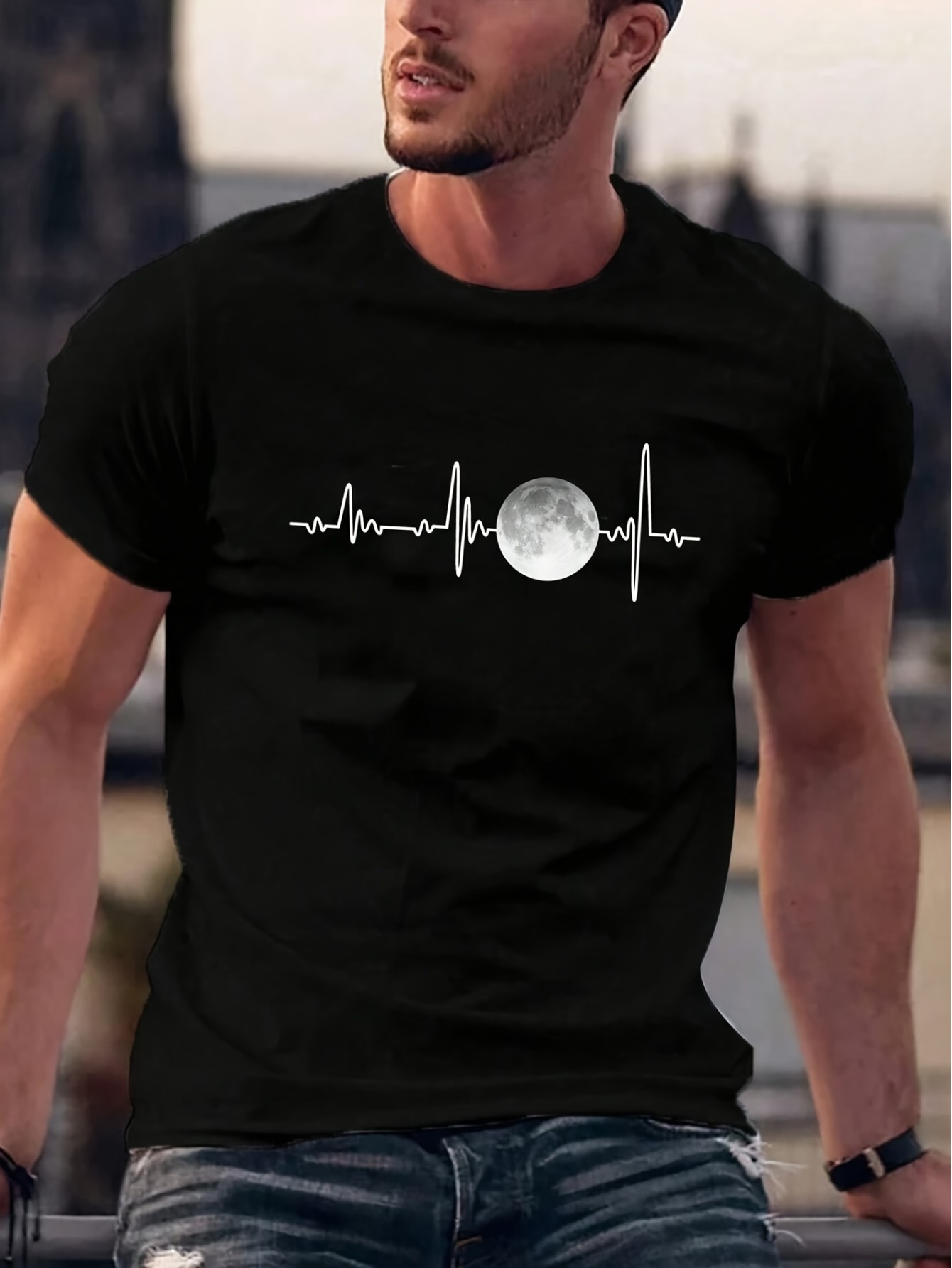 thumbnail image 1 of Comfortable And Versatile Men's Crew Neck Moon Print Short Sleeve Sports T-shirt, Athletic Style, For Summer And Spring, Comfort Fit, 1 of 6