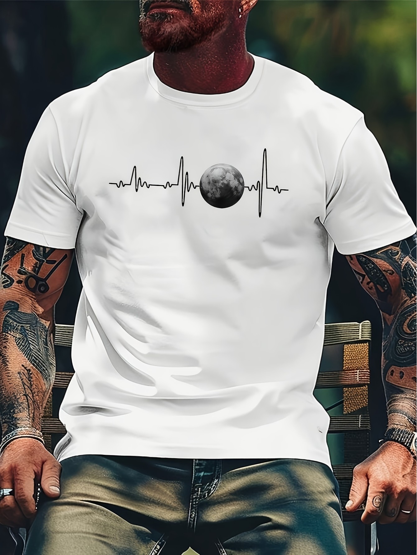 thumbnail image 1 of Comfortable And Versatile Men's Crew Neck Moon Print Short Sleeve Sports T-shirt, Athletic Style, For Summer And Spring, Comfort Fit, 1 of 5