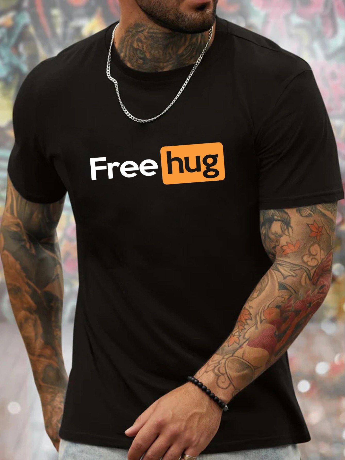 thumbnail image 1 of Free Hug Print Men's Round Crew Neck Short Sleeve Tee - Casual Comfy Lightweight Top for Summer, 1 of 6