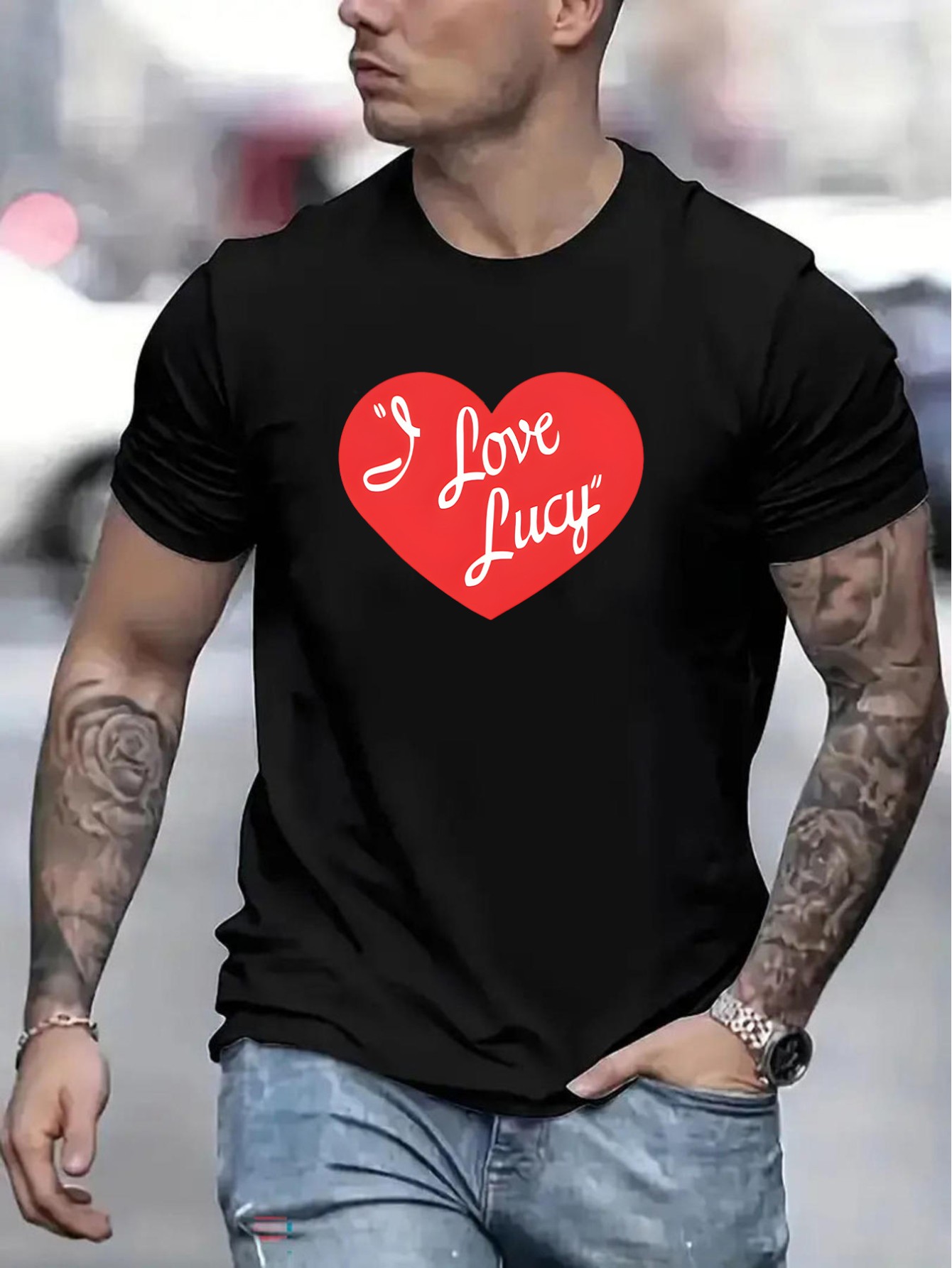 100% Polyester Men's "I Love Lucy" Heart Graphic T-Shirt - Crew Neck, Short Sleeve, Geometric Pattern, Slight Stretch Regular Fit for Summer Casual Tee