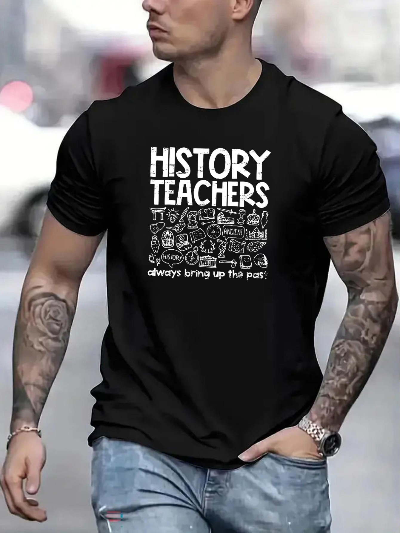 thumbnail image 1 of Stylish Geometric Print Short Sleeve T-Shirt for Men - Breathable Polyester Knit Fabric, Round Neck, Regular Fit, Comfortable Daily & Leisure Wear for Summer, Humorous History Teachers Design, 1 of 4