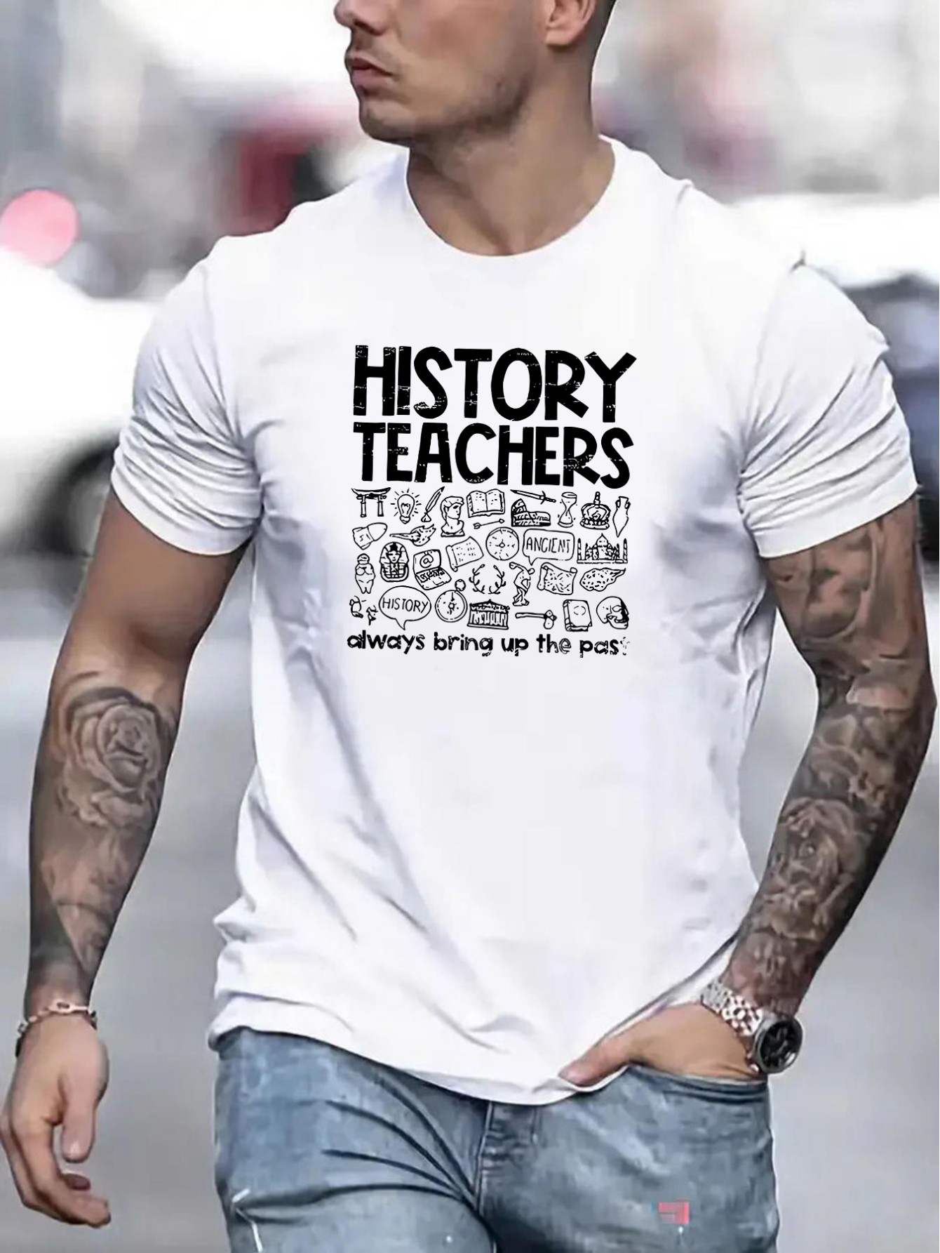 thumbnail image 1 of Stylish Geometric Print Short Sleeve T-Shirt for Men - Breathable Polyester Knit Fabric, Round Neck, Regular Fit, Comfortable Daily & Leisure Wear for Summer, Humorous History Teachers Design, 1 of 4