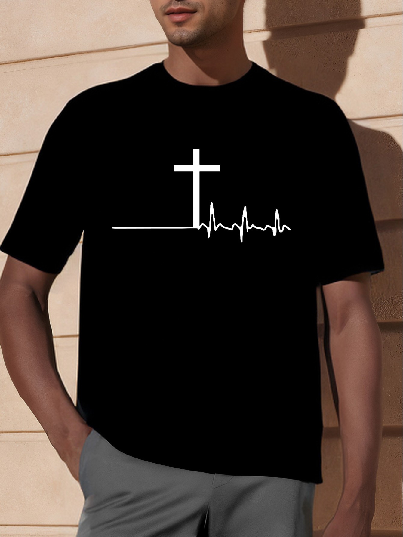thumbnail image 1 of Vibrant Cross Print Short Sleeve T-Shirt for Men - Soft Medium Stretch Polyester Crew Neck Tee for Summer - Basics, Regular Fit, Knit Fabric, No Sheer, 1 of 5