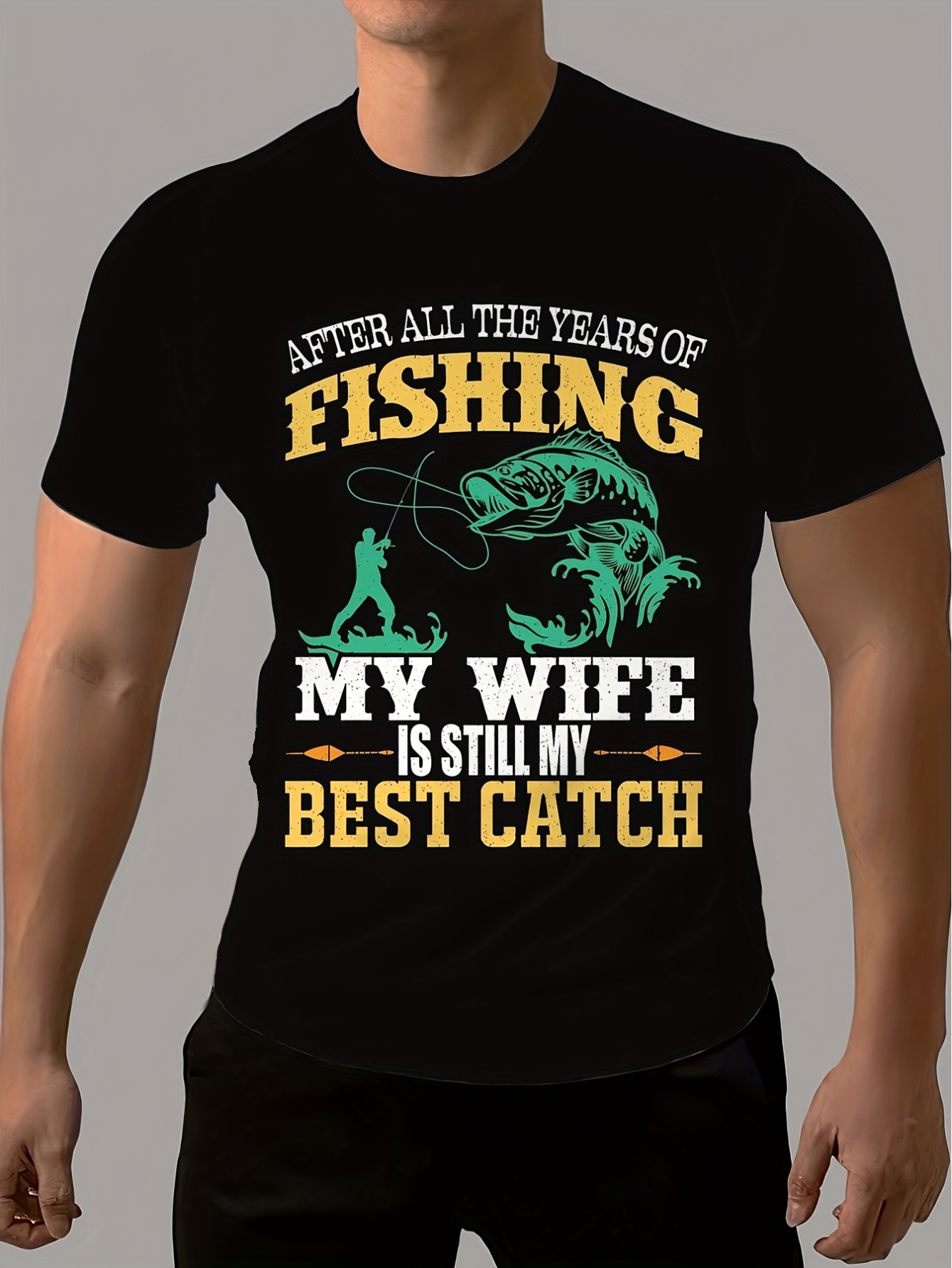 thumbnail image 1 of [Durable] Men's Fishing Graphic T-Shirt - "After All the Years of Fishing" Design, Black Casual Summer Tee, Short Sleeve, Polyester Blend, Outdoor & Streetwear Style, 1 of 4