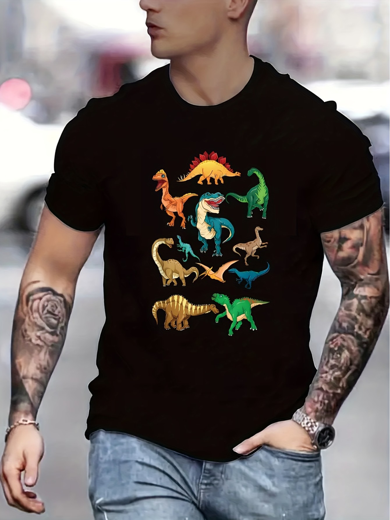 thumbnail image 1 of Men's summer short-sleeved T-shirt with a group of dinosaurs H255, round neck design, simple and fashionable, comfortable and soft fabric with slight elasticity, geometric pattern elements, suitable, 1 of 5