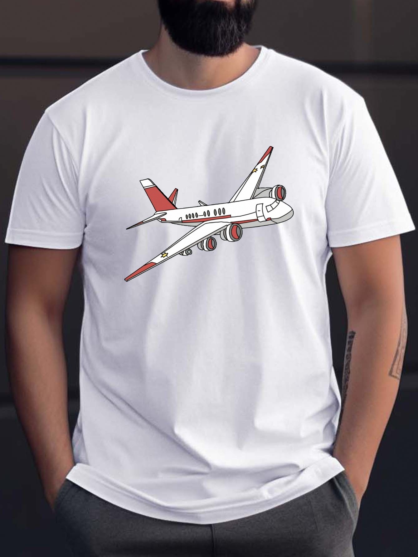 Men's Casual Guatemala Airplane Graphic T-Shirt - Breathable Polyester, Wrinkle-Resistant, Short Sleeve, Round Neck - Summer Essential