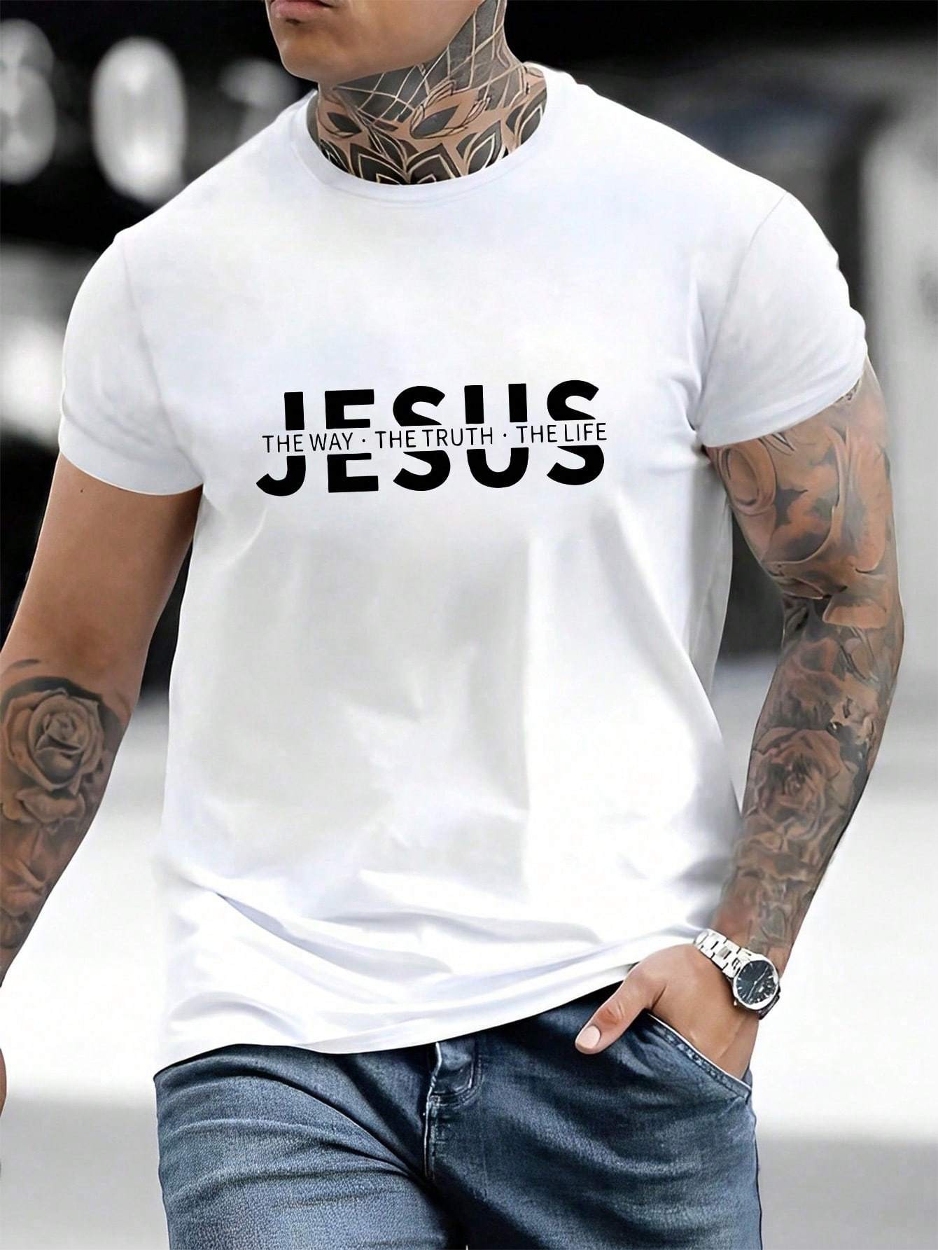 thumbnail image 1 of [Summer Jesus Printed Casual T-Shirt] Men'S Summer Slogan Jesus Printed Short Sleeve Round Neck Casual Work T-Shirt, 1 of 5