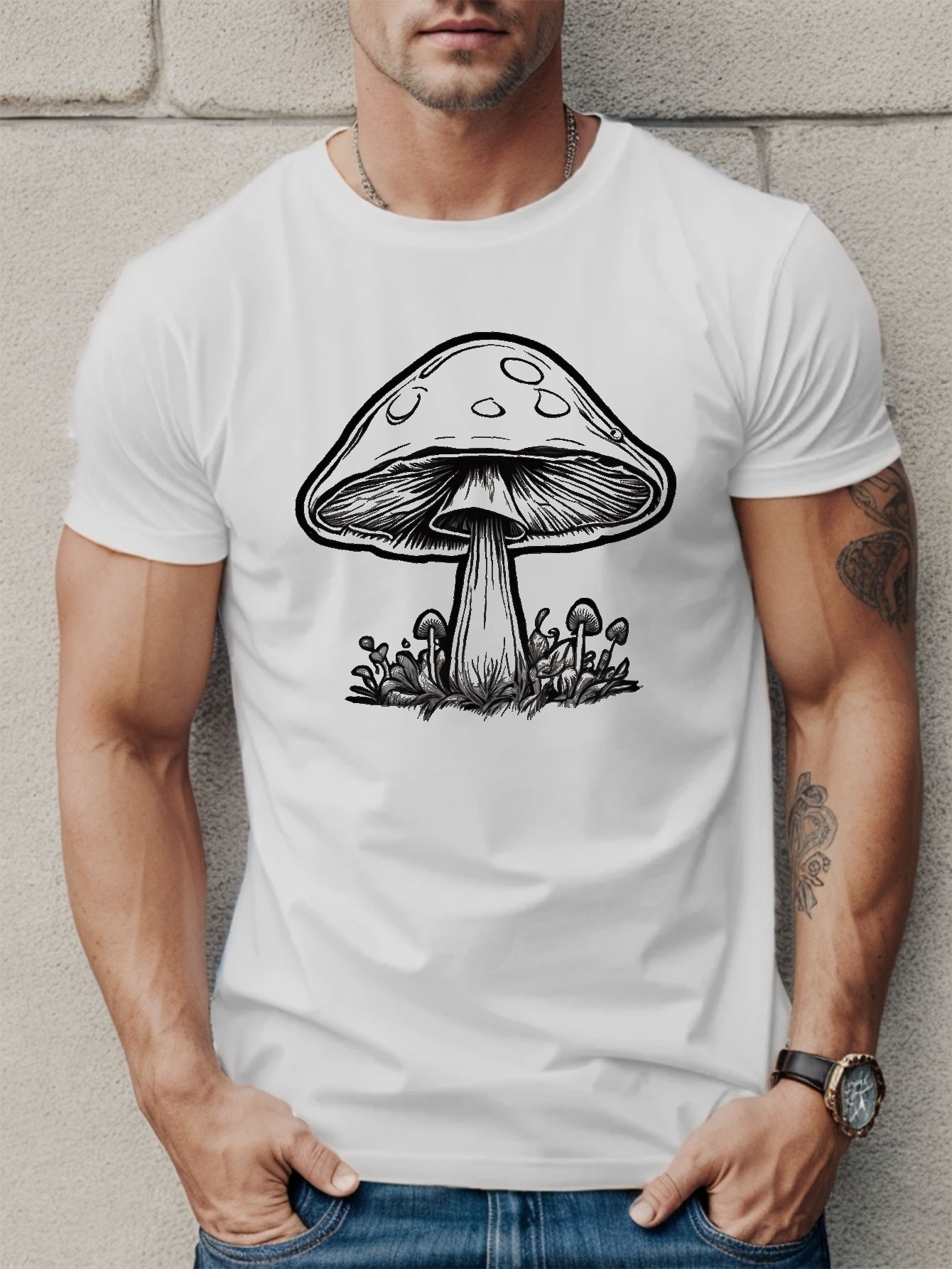 thumbnail image 1 of [Anime Mushroom T-shirt] Trendy Anime Mushroom Pattern Men's T-shirt - Summer Outdoor - Gift For Men, 1 of 5