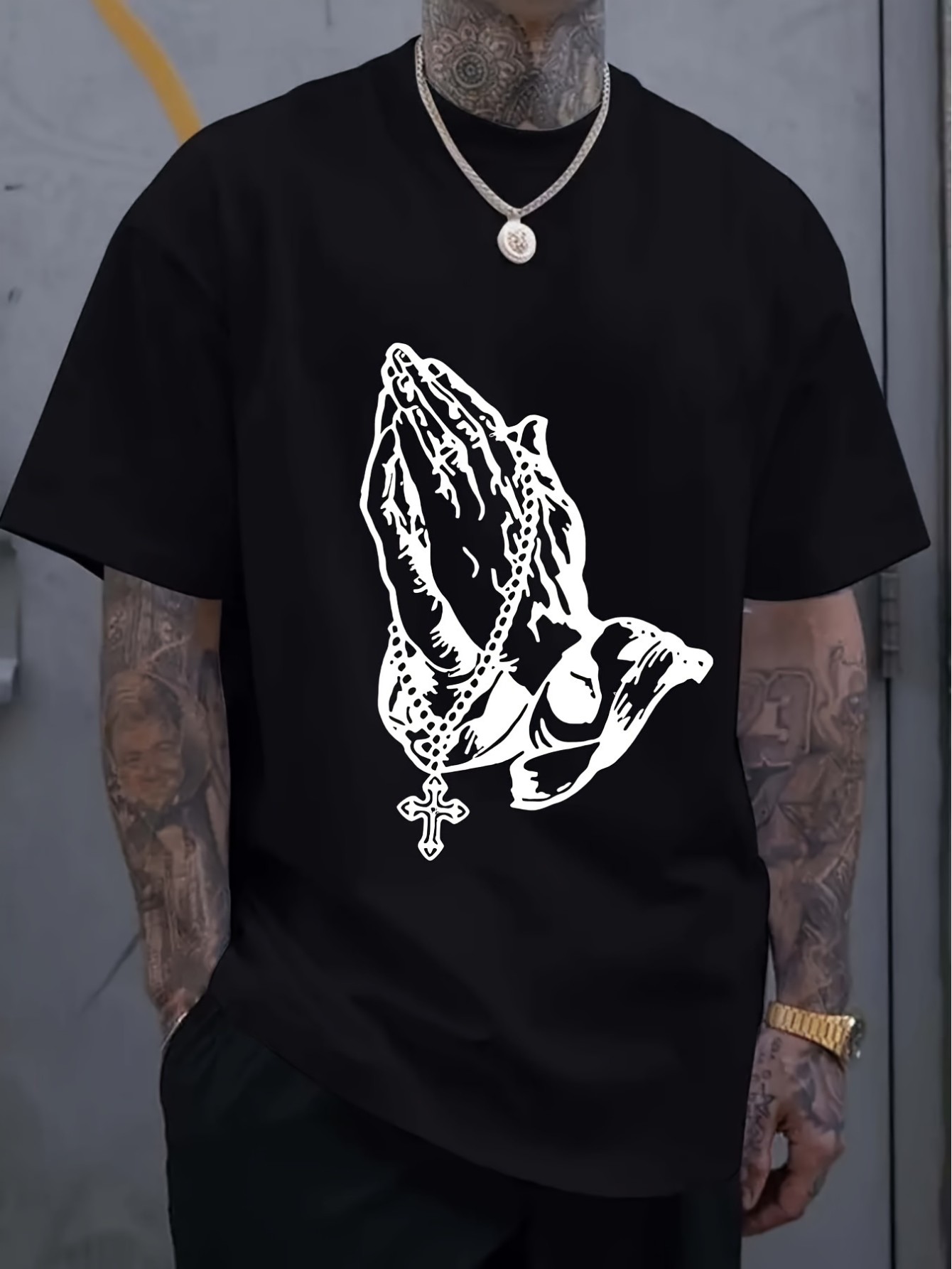 thumbnail image 1 of [Summer Printed Cotton Tee] Heavy Cotton Summer Printed T-shirt - Folded Hands Loose Casual Crewneck Printed Top for Gym Workout Outdoor Sports, 1 of 4