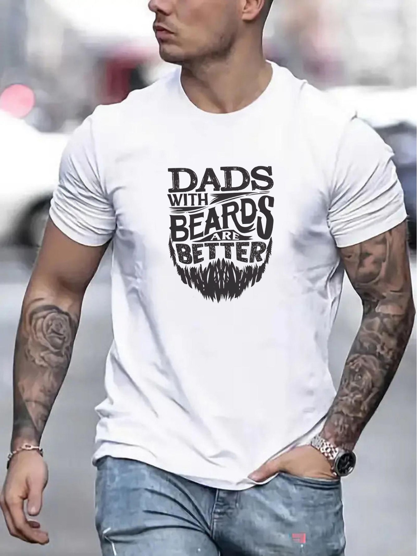 thumbnail image 1 of DADS WITH BEARDS ARE BETTER Pattern Print Men's Crew Neck Short Sleeve T-shirt, Breathable Polyester Fabric Tees, Casual Comfy Lightweight Top For Summer Daily Wear, 1 of 4