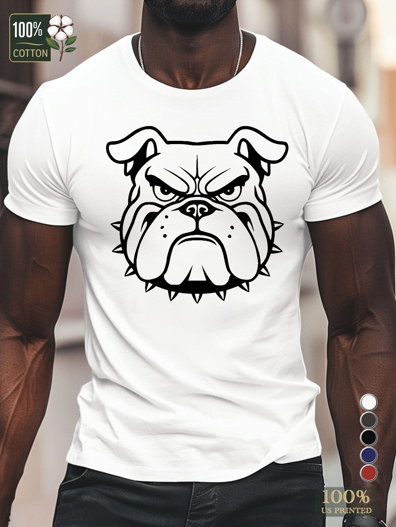 thumbnail image 1 of illustration stylized bulldog head pure cotton men's T-shirt comfort fit, 1 of 6