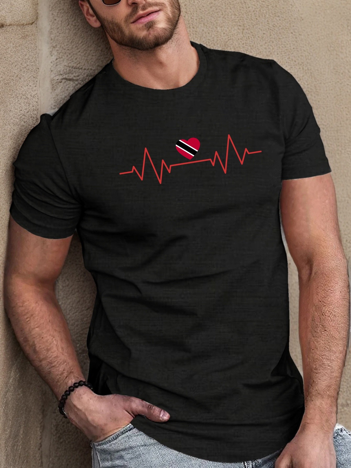 Men's Crew Neck Polyester T-Shirt with Trinidad Tobago Heartbeat Design, Casual Regular Fit Short Sleeve Knit Top for Summer